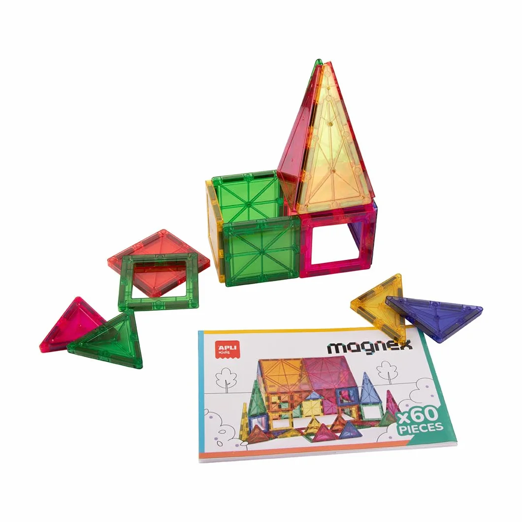 APLI Kids 20137 - Magnex 60-częściowy zestaw konstrukcyjny Magnex | Zestaw 3D dla dzieci 3+| Kolorowe magnetyczne karty geometryczne | Zabawka edukacyjna Steam dla kreatywności i rozwoju poznawczego