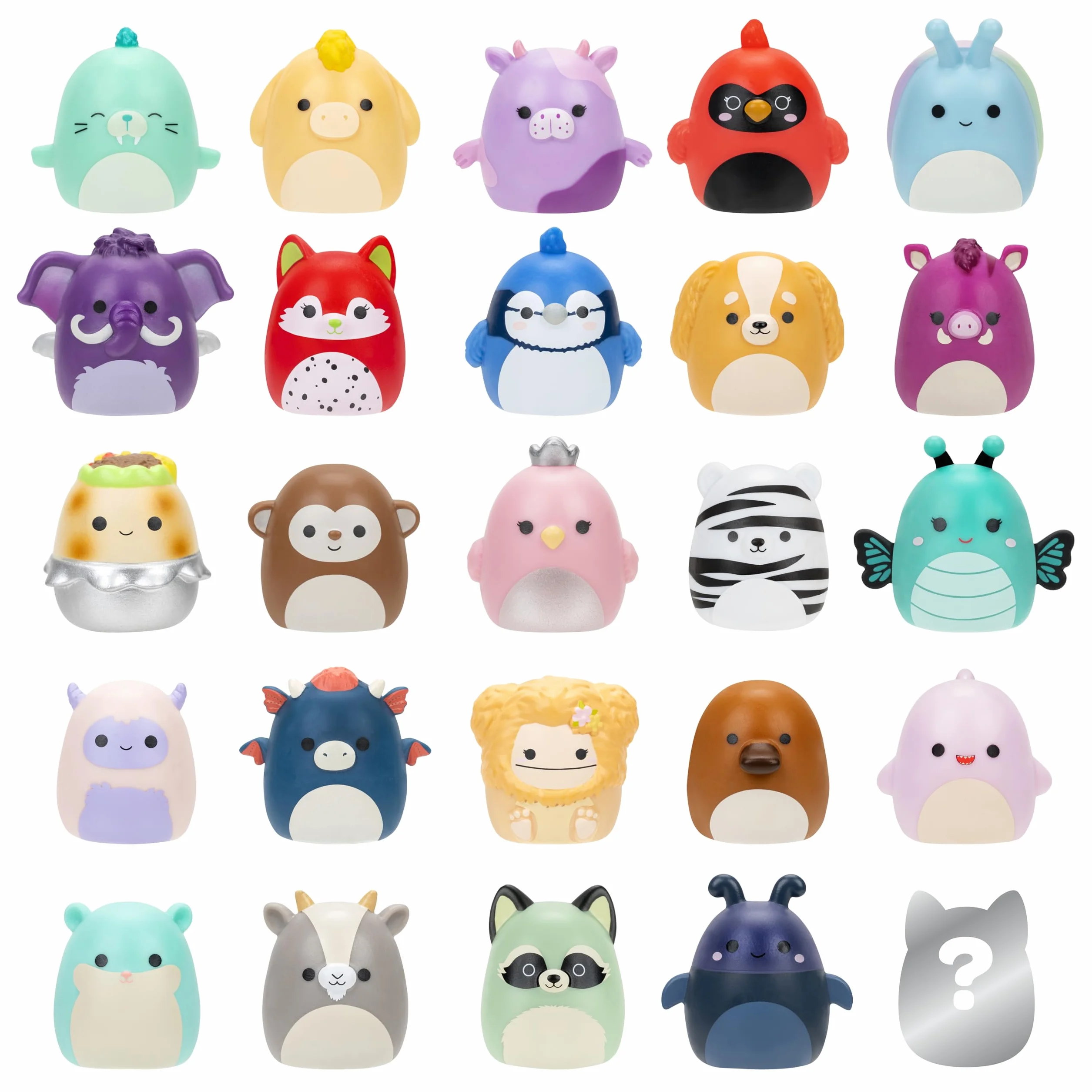 Squish-a-longs by Squishmallows Zestaw 25 sztuk - Seria 2 - (25) 2.5 cm Mini-Squish, 5 akcesoriów, 1 pierścień i 1 przewodnik kolekcjonerski - 2 figurki Chase - Zbieraj, handluj i graj
