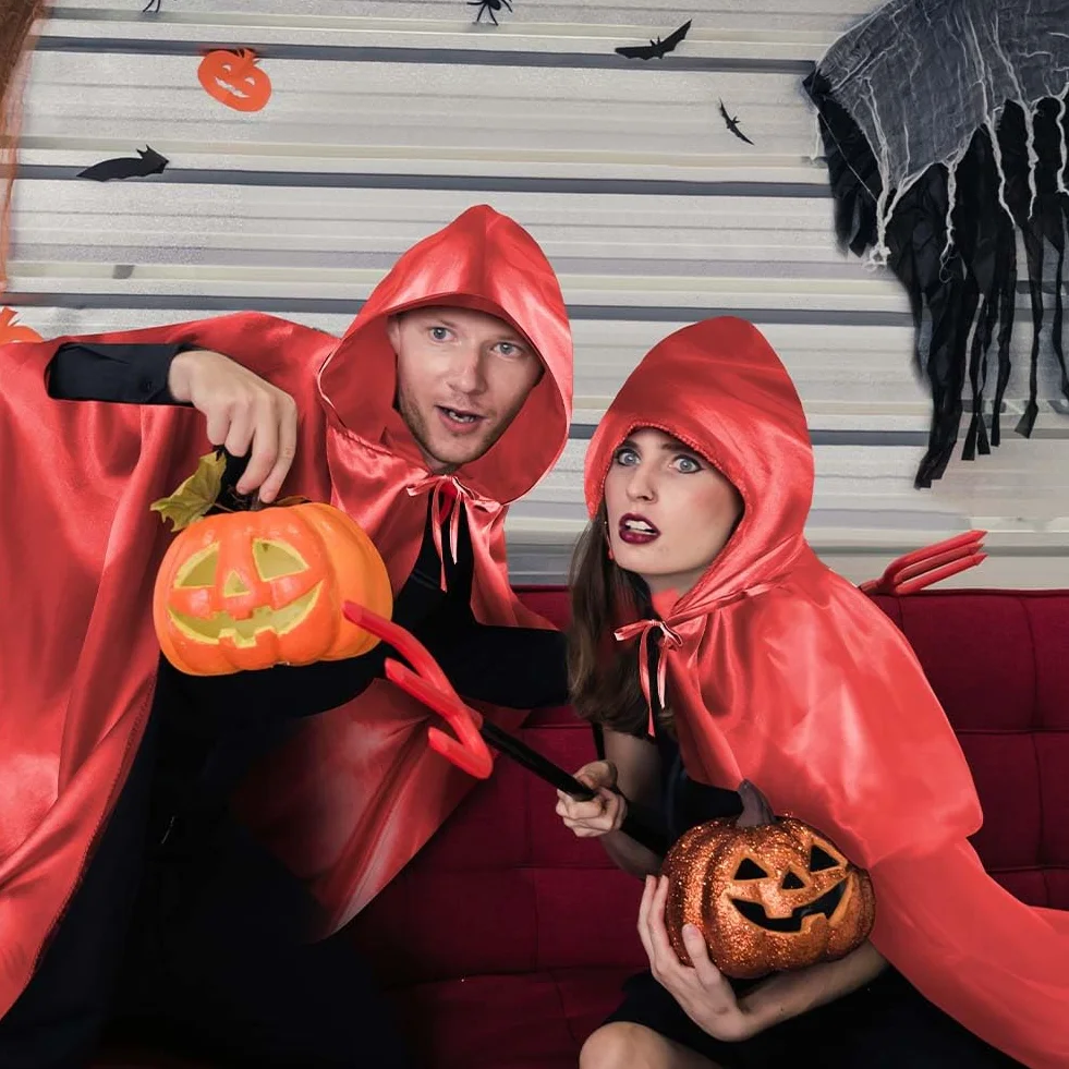 Aomig Czarna peleryna z kapturem na Halloween dla dorosłych, długa peleryna z kapturem, czarownica, akcesoria do cosplay, tajemniczy czarodziej, bajkowy, fantazyjny kostium, Halloween, maskarada