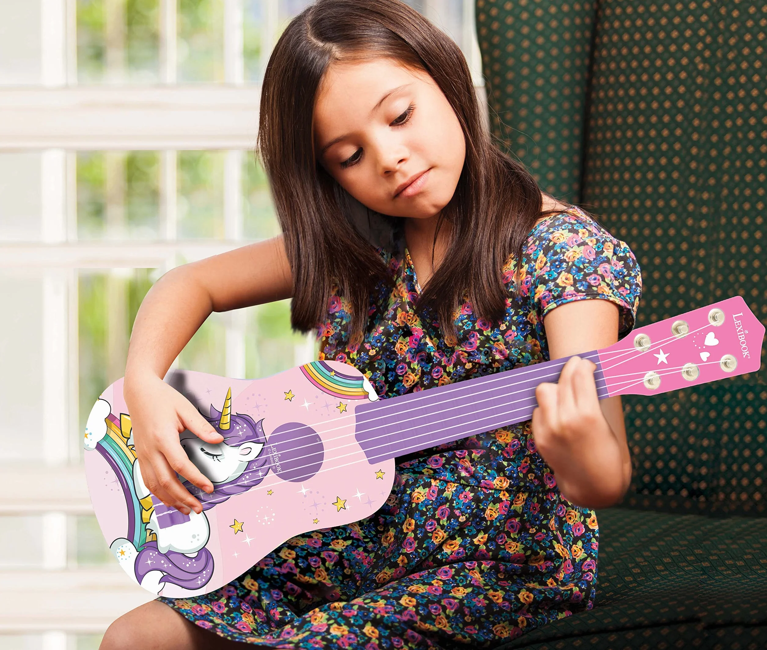 Lexibook Gitara Jednorożec dla Dzieci, 6 Strun Nylonowych, 53 cm, Instrukcja w Zestawie, Różowy, Niebieski, K200UNI