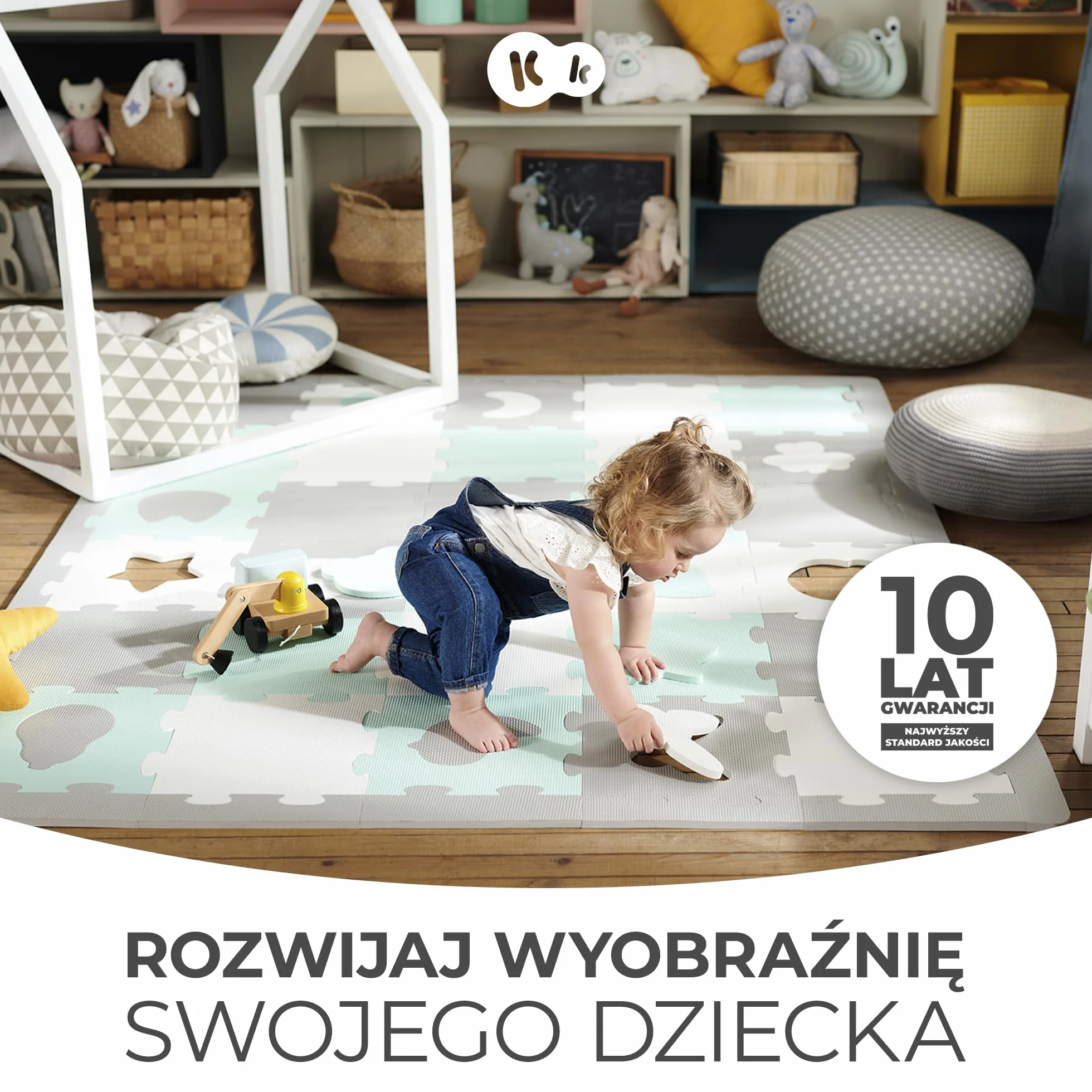 Kinderkraft LUNO SHAPES Mata piankowa, Wielofunkcyjna, Puzzle 30 elementów, Wodoodporna, Izolacja od podłogi, Antypoślizgowa powierzchnia, Łatwe czyszczenie, Torba do transportu w zestawie, Żółty