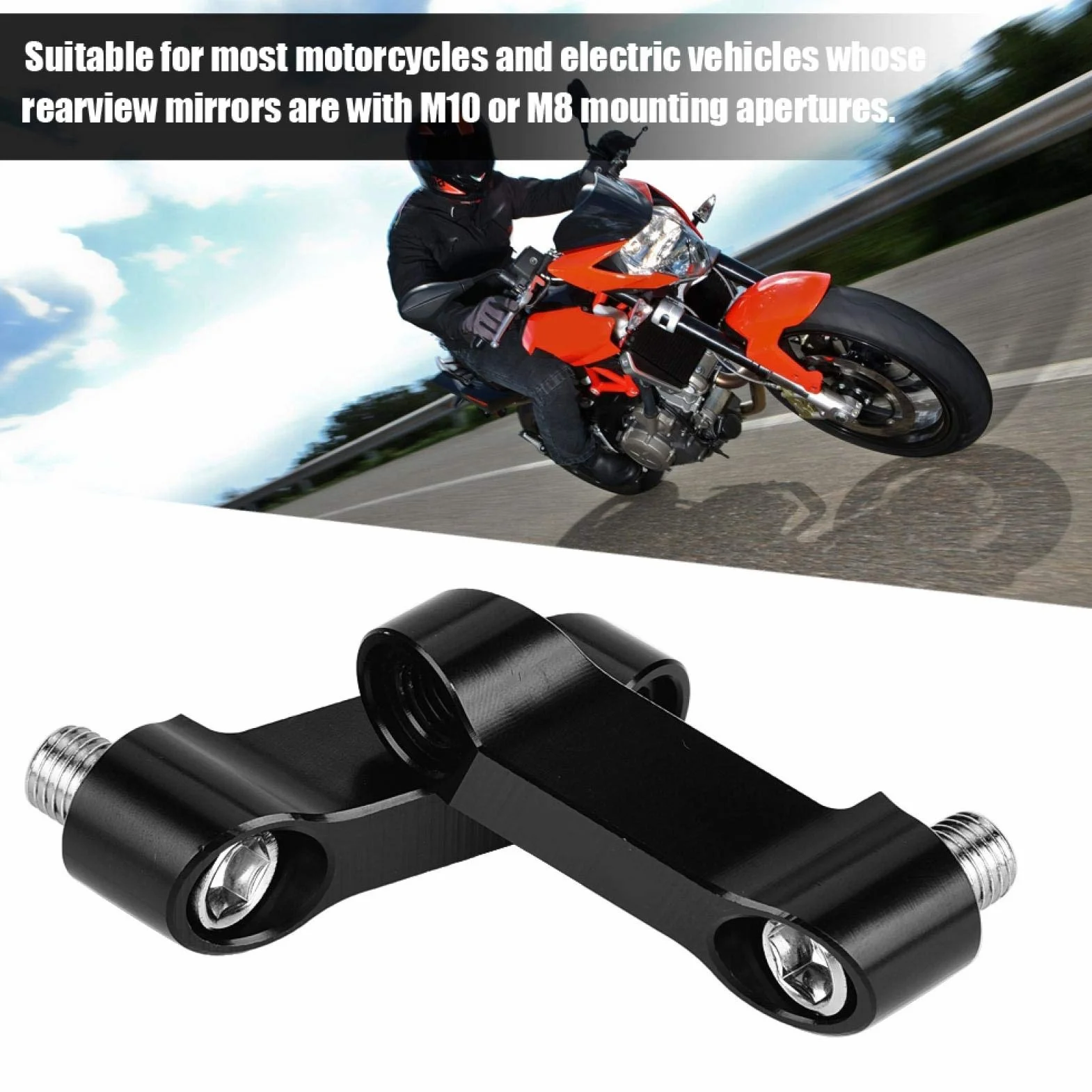 Akozon Mirror Adapter, M10 / M8 Riser Mount Extension 1 zestaw Motocyklowe lusterko wsteczne Zestaw adaptera Akcesoria motocyklowe Czarny