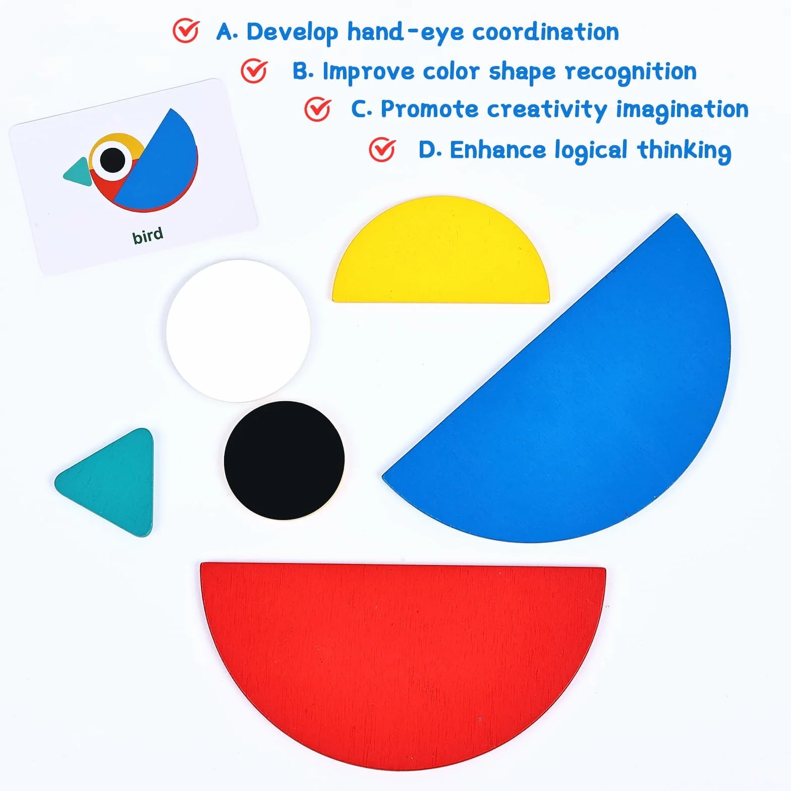 BBLIKE Tangram Wood, 36 drewnianych puzzli Montessori + 60 sztuk układania kart do układania w stosy gry i zabawki edukacyjne klasyfikacja dla dzieci