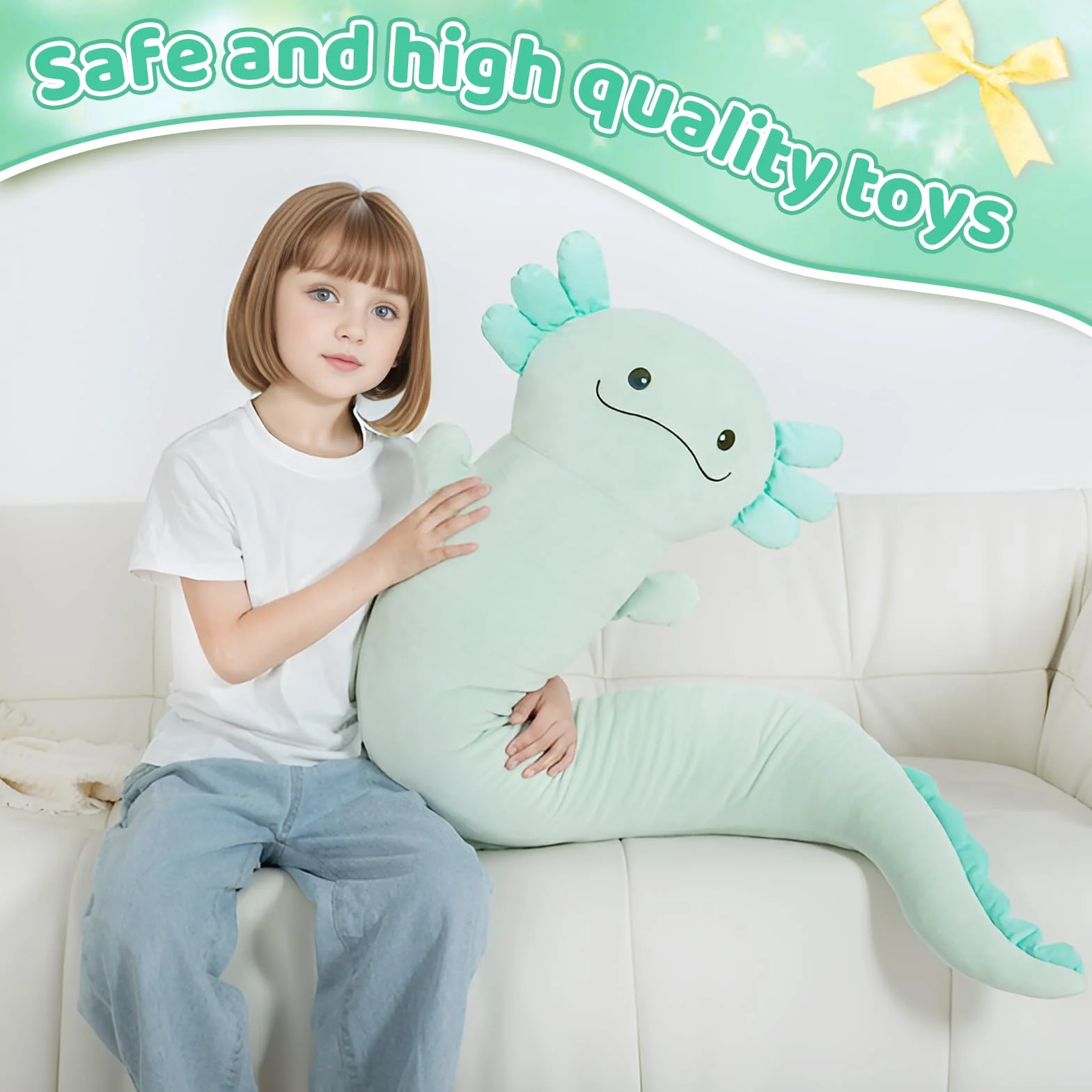 Dalmao 120 cm ogromna pluszowa poduszka Axolotl z wypchanym zwierzęciem, duża zielona poduszka Axolotl, zabawka w ciemności, ogromna poduszka do spania dla dzieci, na urodziny, Wielkanoc