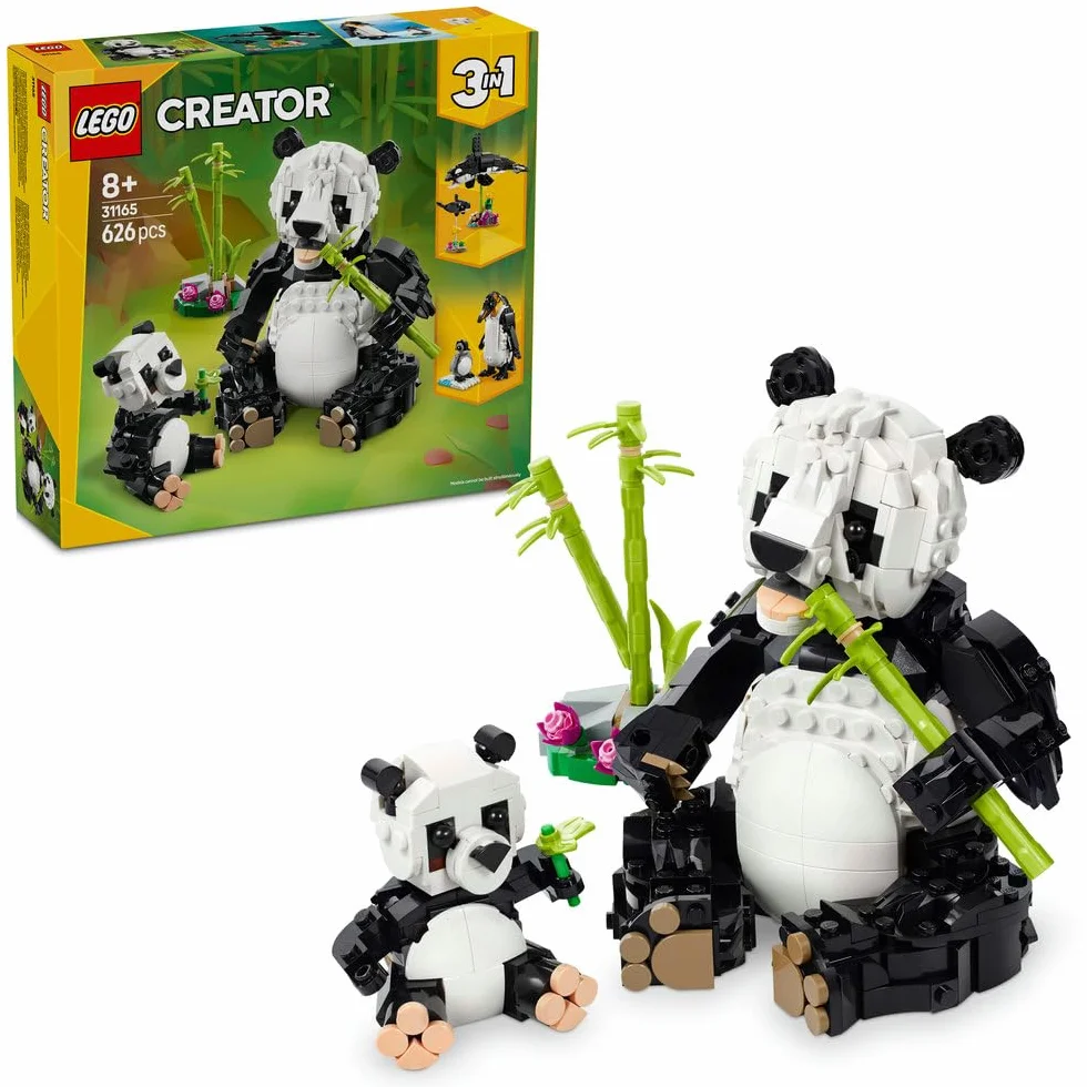 LEGO Creator 3 w 1 Dzikie zwierzęta: rodzina pand, pomysł na prezent dla dziewczynki i chłopca od 8 lat, zabawka konstrukcyjna dla dziecka do przebudowania na figurki zwierząt: orkę lub pingwina 31165
