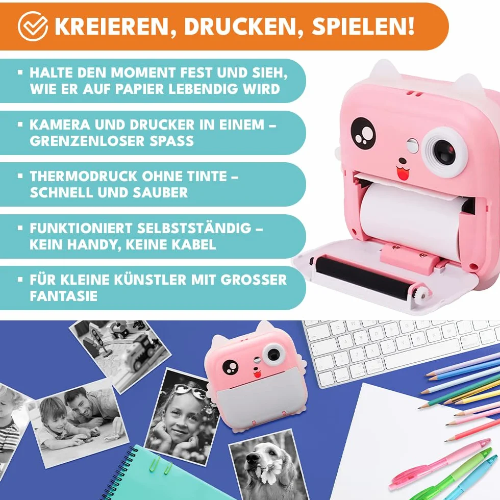 KRUMAD Mini kamera natychmiastowa z drukarką do zdjęć, fotodrukarka dla dzieci i nastolatków, aparat z Bluetooth, grami, nagrywaniem wideo i naklejkami
