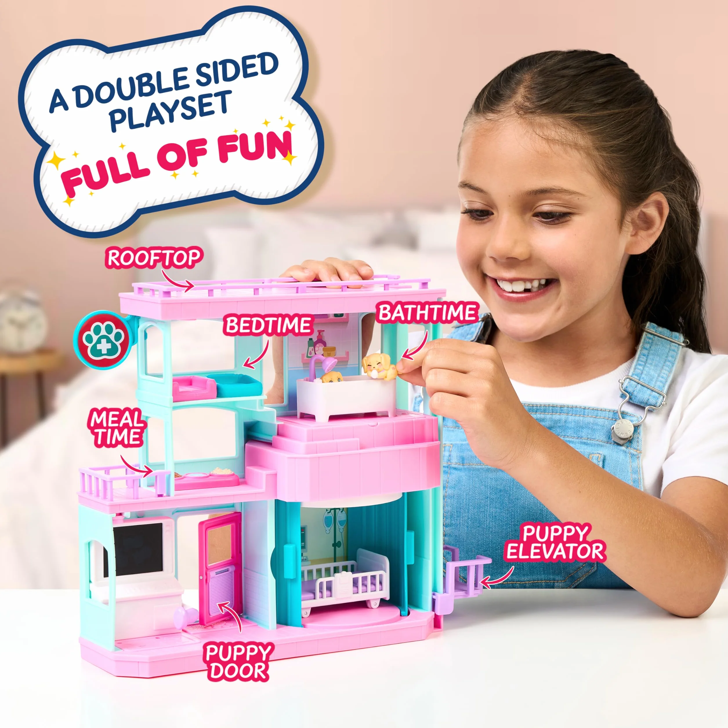 Little Live Pets Mama Surprise Families zestaw do zabawy dla niemowląt, 3 szczenięta retrievera, magiczny, dwustronny zestaw do zabawy (szerokość 27,8 cm, wysokość 23,8 cm) do karmienia, kąpieli i