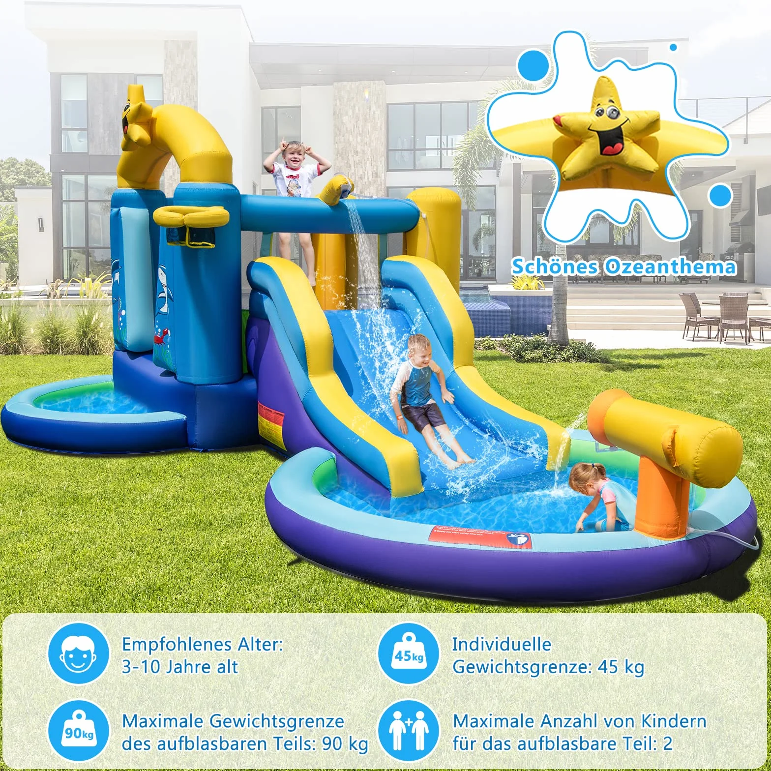 COSTWAY Dmuchany zamek z dmuchawą i zjeżdżalnią, park wodny z 2 basenami, armata, kosz do koszykówki, dla dzieci na podwórko, park, 490 x 290 x 220 cm