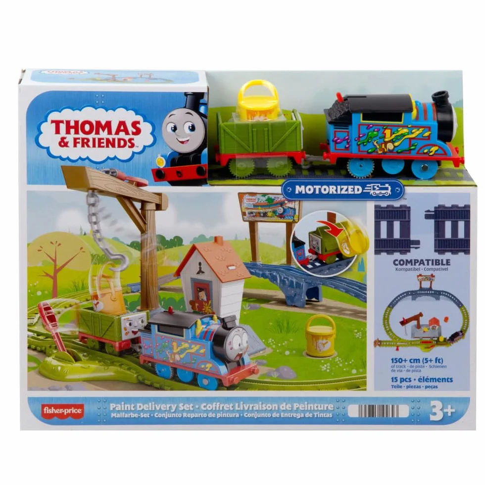 Thomas & Friends Dostawa farby Zestaw w lokomotywą z napędem na baterie i Nieznośnym wagonem, dla dzieci od 3 roku życia, HTN34