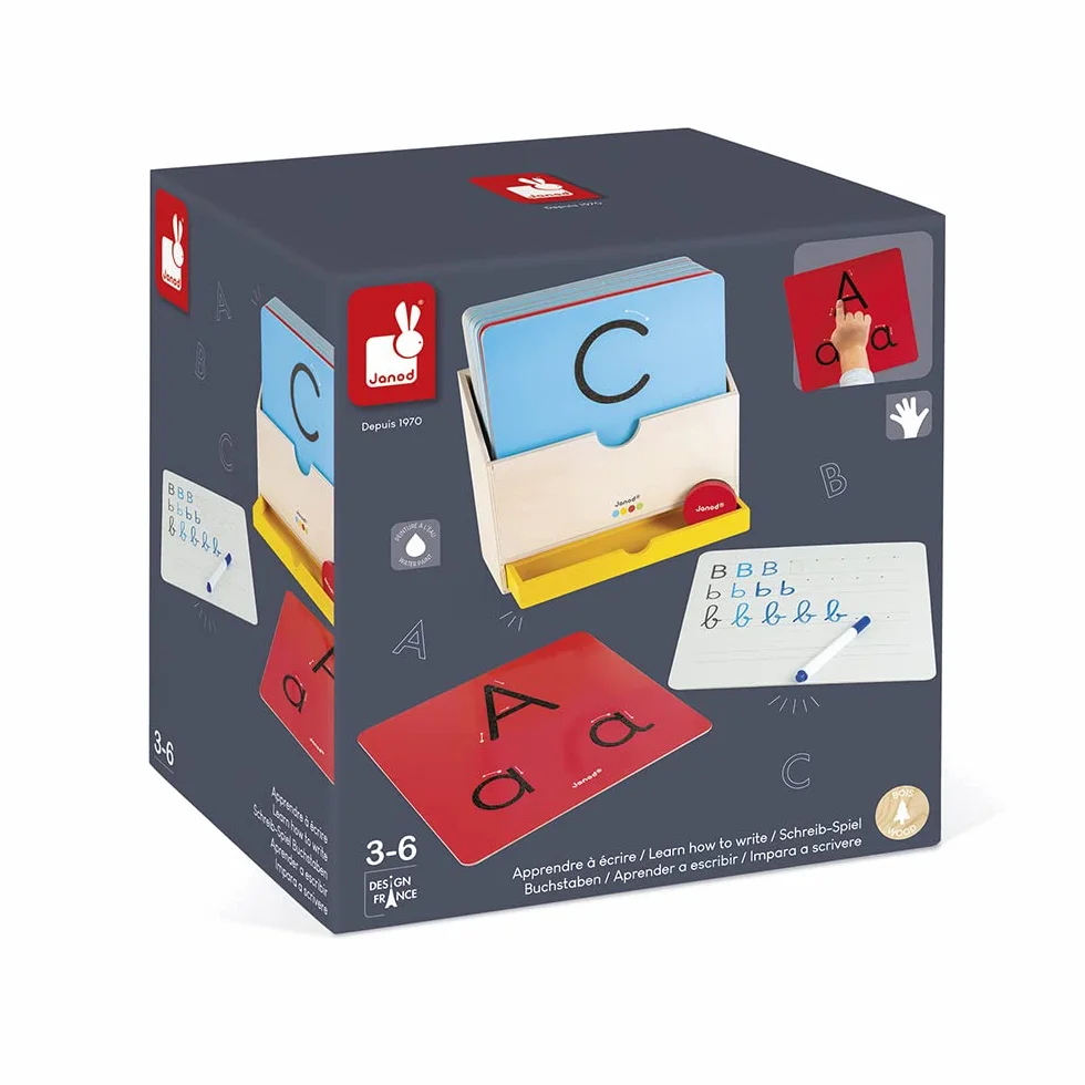 Janod - Essential - Learn to Write - Wooden Early Learning Educational Game - Teaches Letters and Reading - Water-Based Paint - from 3 Years, J05074, 9.1 x 3.1 x 9.6 inches