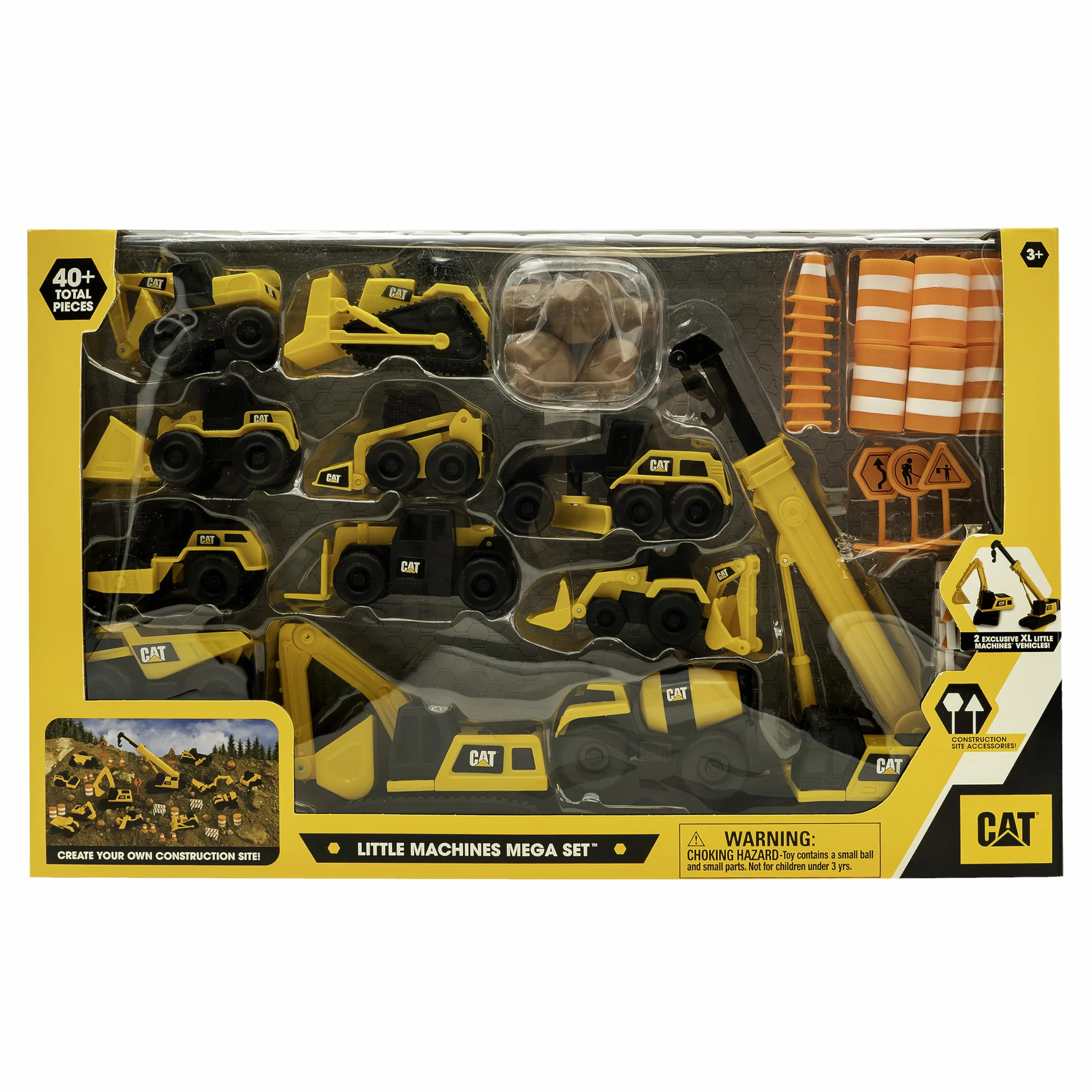 CAT® Construction Little Machines Mega zestaw I z 40 częściami zawiera pojazdy, dźwig, znaki drogowe, stożki, głazy i beczki I Dla dzieci w wieku 3+, żółty