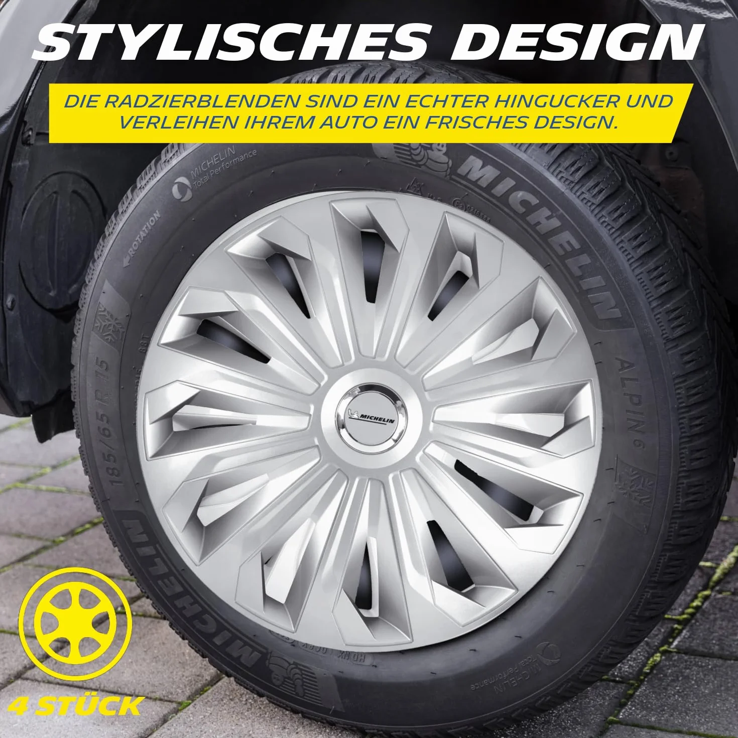 MICHELIN Uniwersalne kołpaki ozdobne MX-MS 15 cali, zestaw 4 sztuk, do samochodu, tworzywo sztuczne ABS, srebrne, z chromowanym pierścieniem