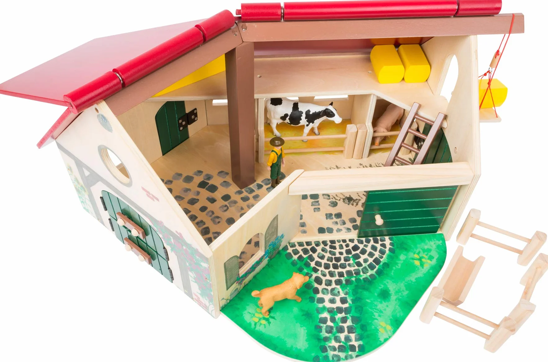 Woodfriends gospodarstwo rolne z drewna certyfikowanego przez FSC® w 100% z rozkładanym dachem, dla dzieci od 3 lat z akcesoriami