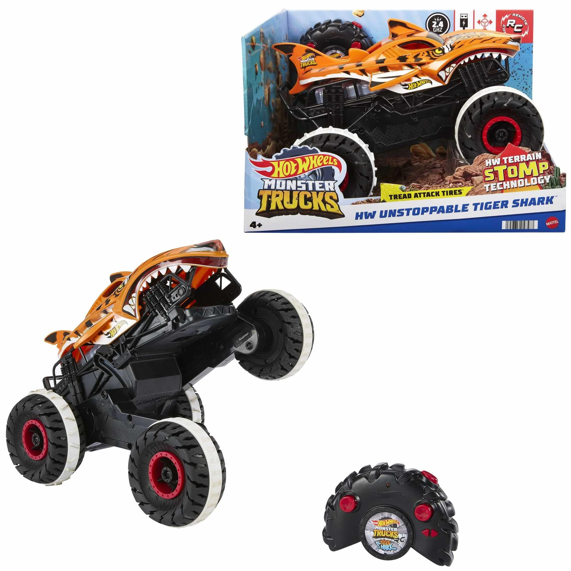 Hot Wheels Monster Trucks Niepowstrzymany Tiger Shark Pojazd terenowy, zdalnie sterowany, zabawka dla dzieci od 4 roku życia, HGV87