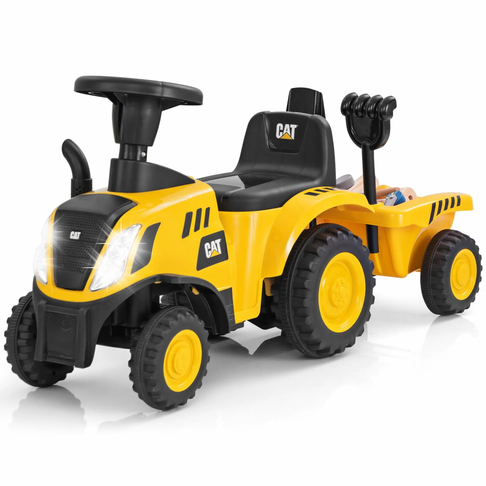 COSTWAY Samochód poślizgowy ze zdejmowaną przyczepą, traktor z szuflą i grabami, pojazd ślizgowy z klaksonem, dźwiękiem silnika i diodami LED, dla dzieci od 1 roku życia