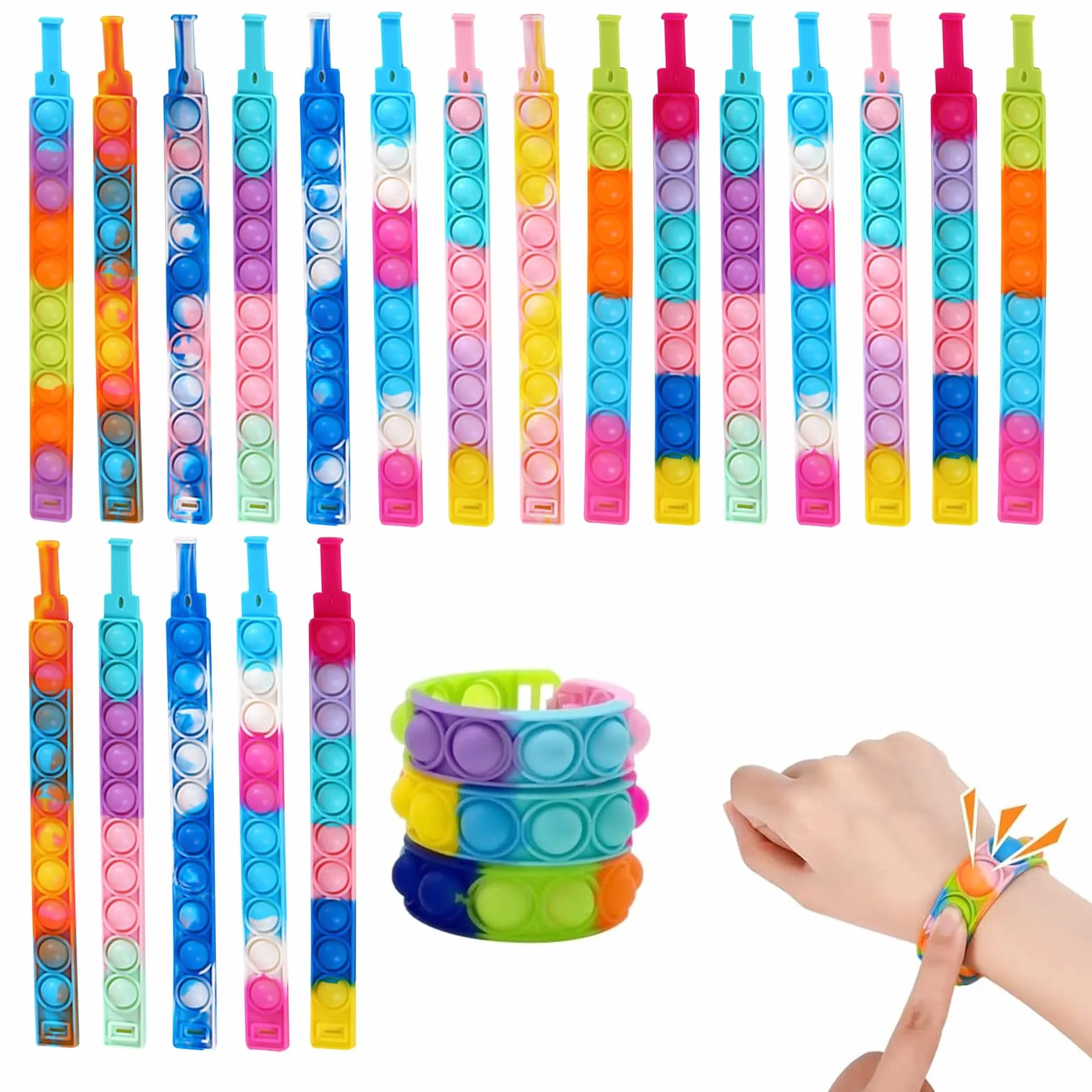 Zestaw bransoletek Popit, 20 sztuk Pop Armband It silikonowych bransoletek antystresowych dla dzieci, tęczowa zabawka Plopper Pop Bubble Fidget bransoletka zabawka dla dzieci/dorosłych