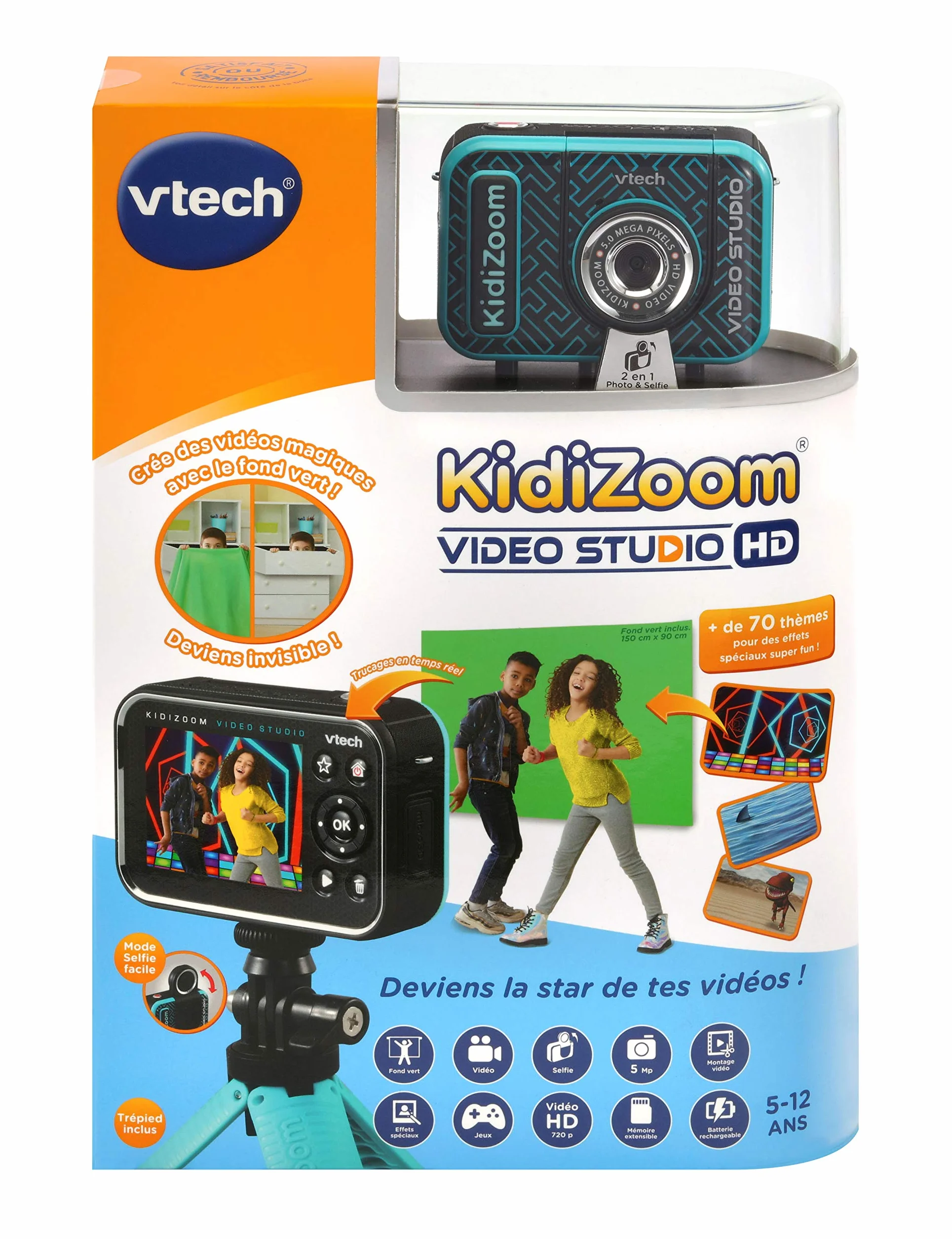 VTech - KidiZoom Video Studio HD, aparat cyfrowy dla dzieci, fotografia, selfie, wideo HD, kolorowy ekran ze statywem i zielonym tłem, prezent dla dzieci w wieku od 5 lat do 12 lat - Zawartość w