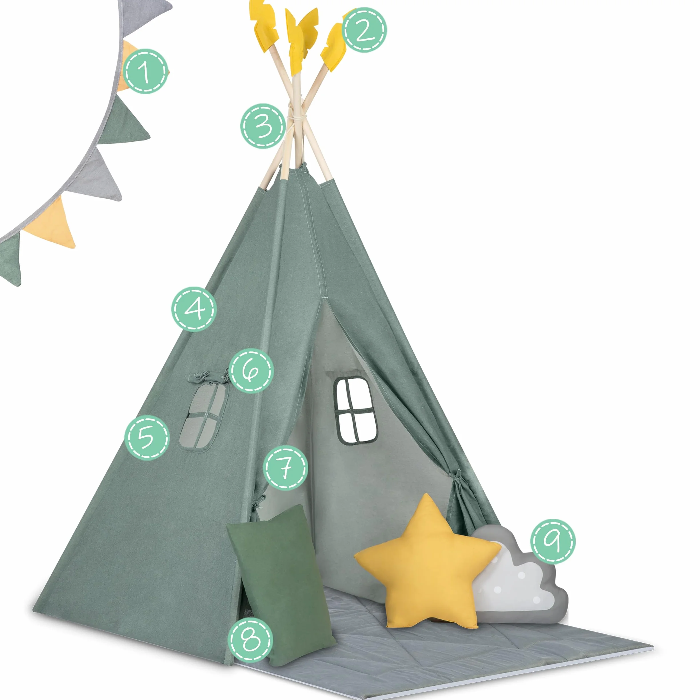 Nukido namiot dla dzieci tipi teepee wigwam z girlandą, poduszkami, dużą matą i stabilizatorem zielony