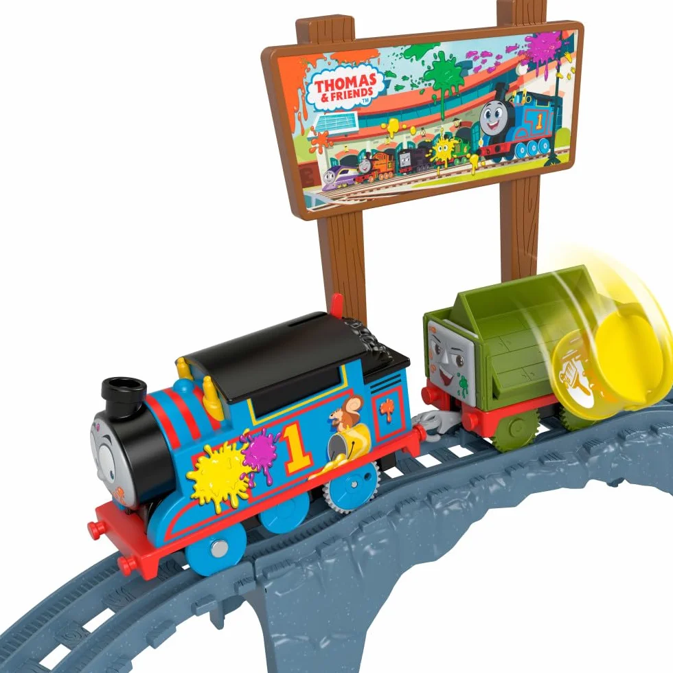 Thomas & Friends Dostawa farby Zestaw w lokomotywą z napędem na baterie i Nieznośnym wagonem, dla dzieci od 3 roku życia, HTN34