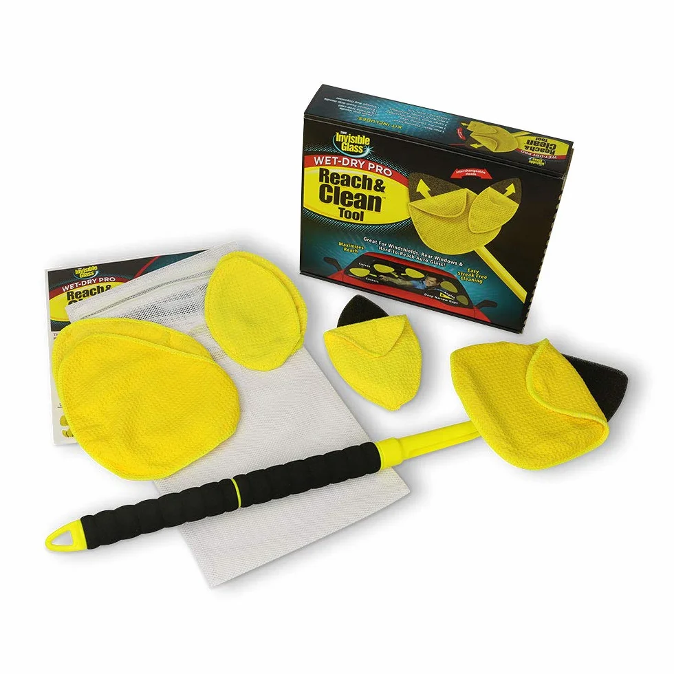 Invisible Glass 95164 Reach and Clean Tool Wet-Dry Pro Narzędzie do czyszczenia okien i szyb ma wysuwany uchwyt i zmywalną ściereczkę z mikrofibry wielokrotnego użytku do samochodu wewnątrz i na