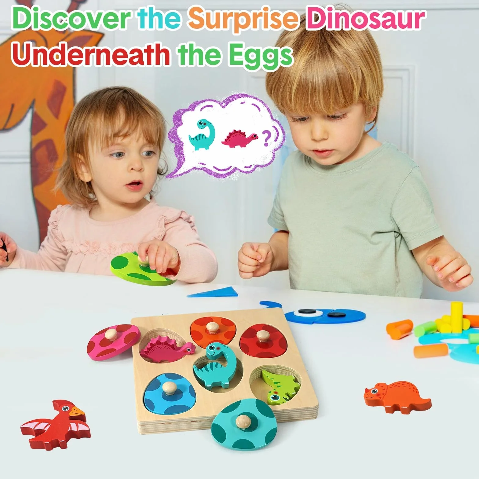 Dinozaury drewniane zabawki puzzle z guzikami, Goorder Montessori zabawka dla dzieci 1 2 i 3 lata, interaktywna gra edukacyjna puzzle, gry dla dzieci nauka dla chłopca, dziewczyny, urodziny, Boże