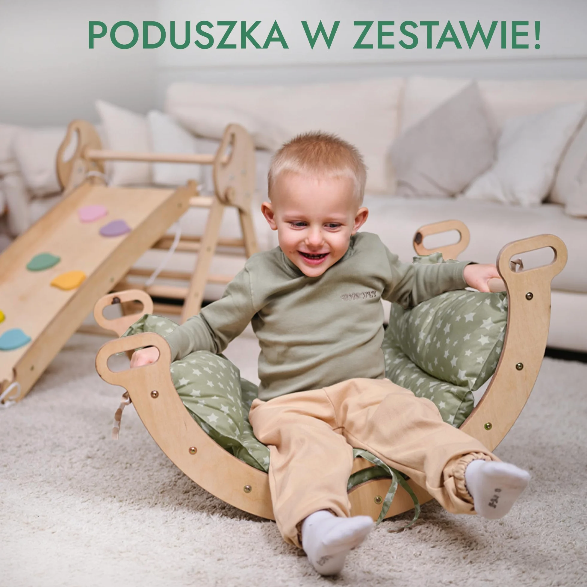 Goodevas Montessori Drewniana rama wspinaczkowa ze zjeżdżalnią – składana trójkątna siłownia do zabawy dla małych dzieci, bezpieczna zabawka dla dzieci w wieku 1-3 lat