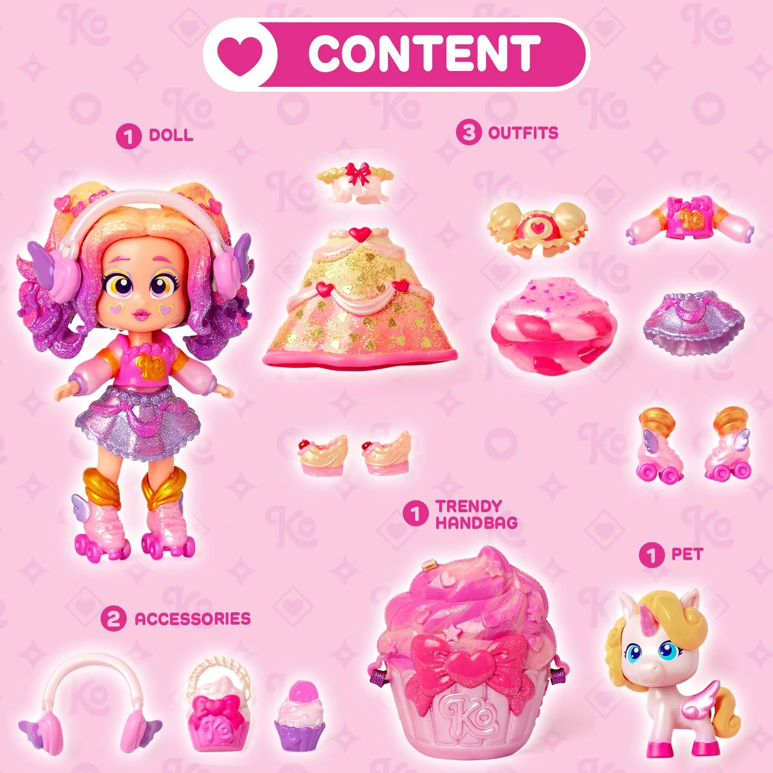 KOOKYLOOS CANDY LAND CUPCAKE DREAMS – 3 w 1 słodka stylowa lalka,zawartość:1 laleczka,3 stroje,2 pary bucików, mały jednorożec,przekąska, akcesoria Mix&Match i różowa torebka babeczka.