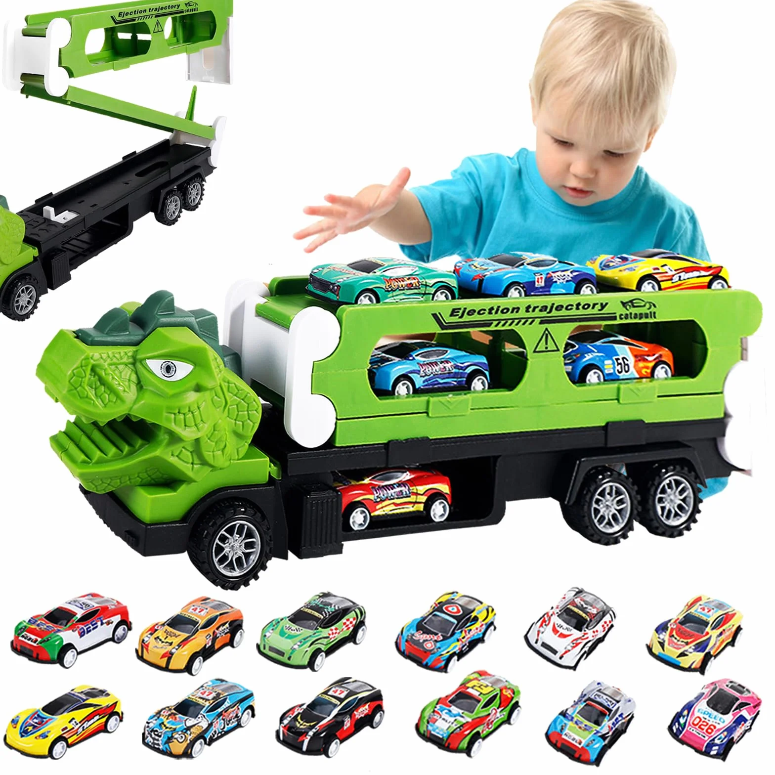 Zestaw 2 w 1 transporter dinozaurów z 12 metalowymi samochodzikami zabawkowymi, przenośny tor wyścigowy dinozaurów dla dzieci – zestaw samochodzików zabawkowych, ciężarówka transportowa i tor