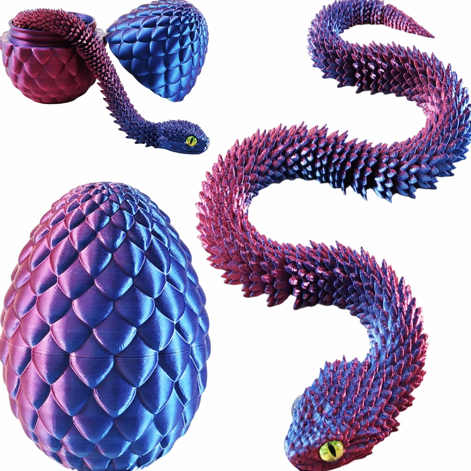Joycabin Wąż z nadrukiem 3D, 45 cm, z jajkiem, z nadrukiem D, zabawka na Wielkanoc, nadruk 3D, jajko smocze, jaja węża, wielkanocne jaja węża, dla dzieci, na prezent, na biurko, do mieszkania
