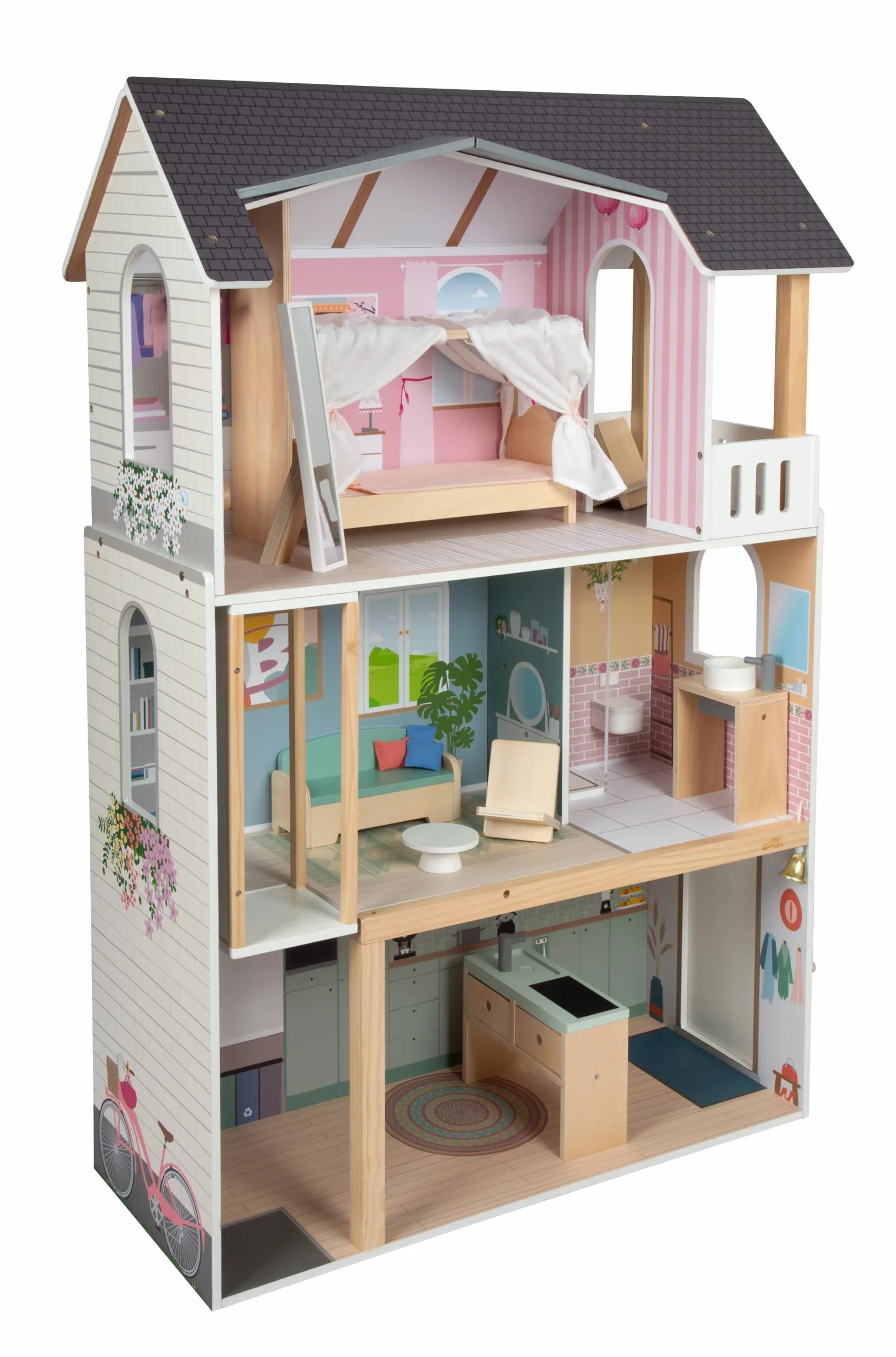 Mały domek dla lalek Villa XL, 3-piętrowy domek dla lalek z windą, dla lalek do 30 cm, skala 1:6, imitacja drewna, 12730