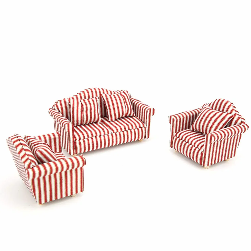 3 sztuk 1:12 zestaw sof dla lalek Mini dekoracja domku dla lalek pomarańczowe różowe złoto w paski drewniane tkaniny Mini miniaturowy salon zabawka dla dzieci dekoracja na meble do domku dla lalek z 4 poduszkami