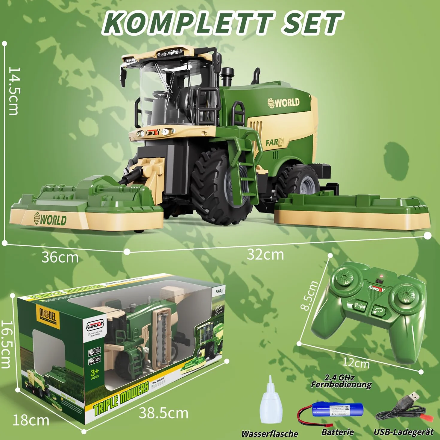 PENGBU RC Kombajn zdalnie sterowany dla dzieci - zdalnie sterowany ciągnik dla dzieci 2,4 GHz, młynek do kukurydzy z dźwiękiem/światłem/sprayem