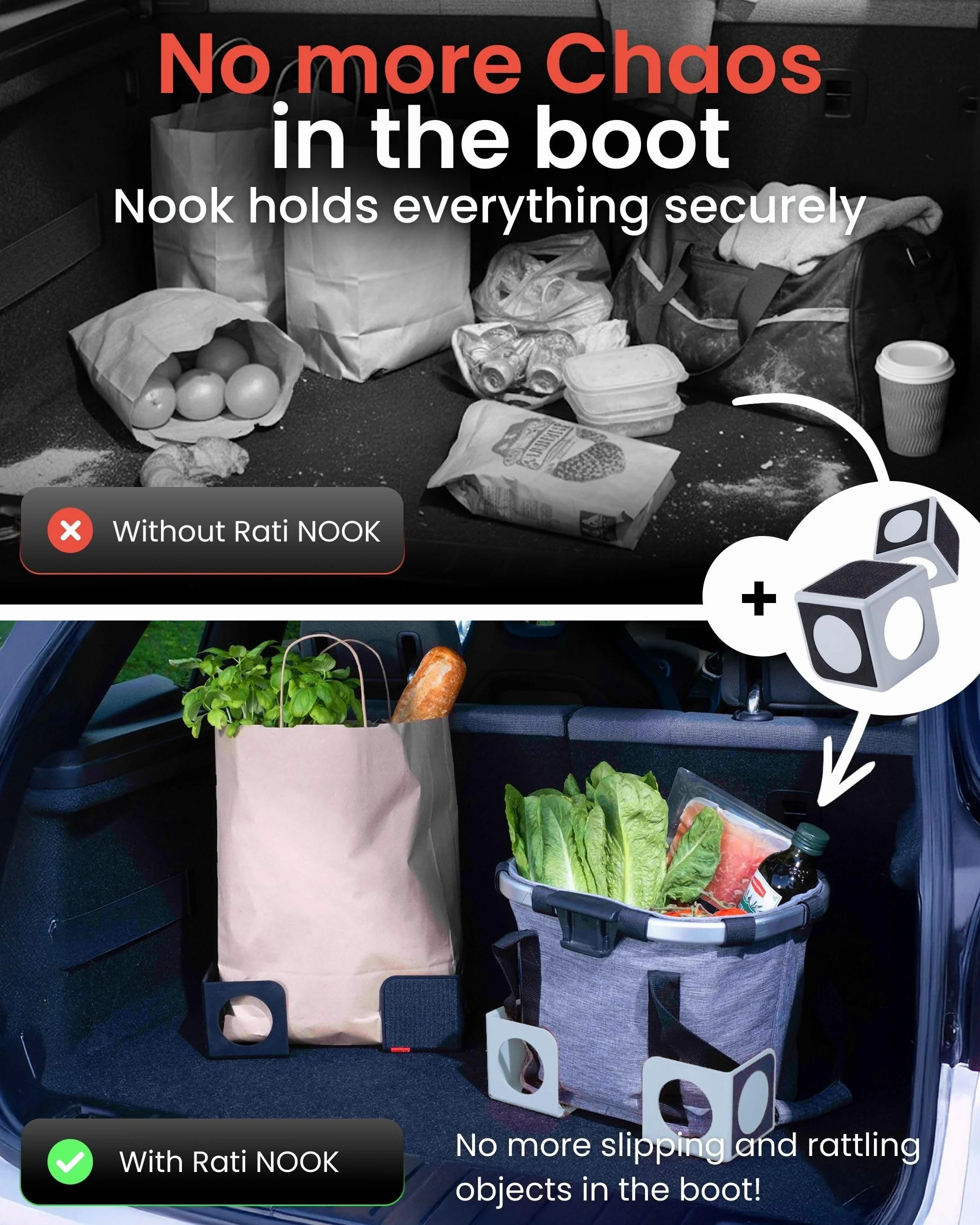 rati Nook Organizer do bagażnika do samochodów osobowych i SUV-ów, regulowane przegrody ładunkowe z podwójnymi podkładkami, działa na dywanach i plastikowych bagażnikach, zestaw 2 stabilizatorów