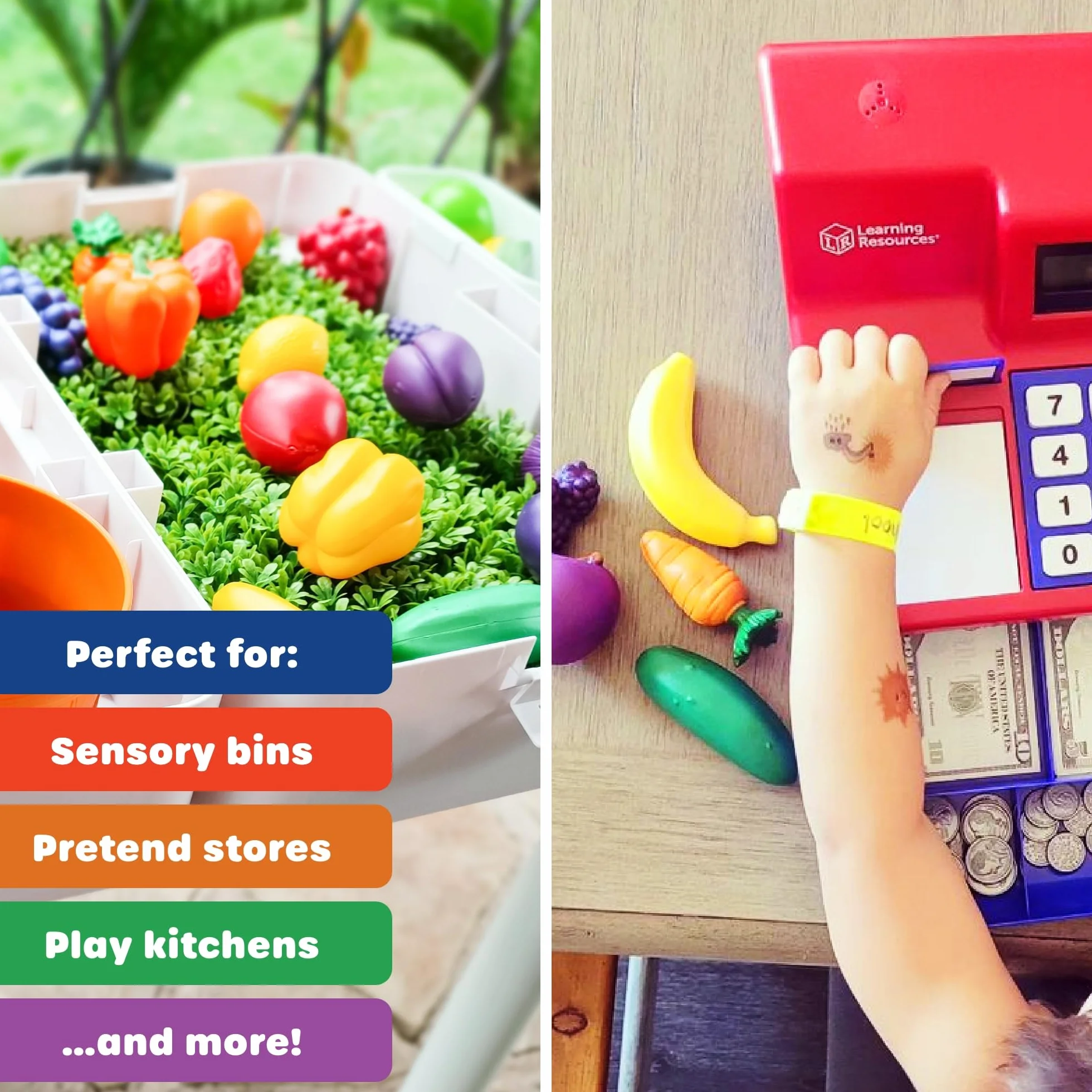 Learning Resources Zasoby edukacyjne w kramie z warzywami do sortowania kolorów, warzyw i owoców zabawy, zabawkowe jedzenie, zabawka edukacyjna dla maluchów, 30 sztuk