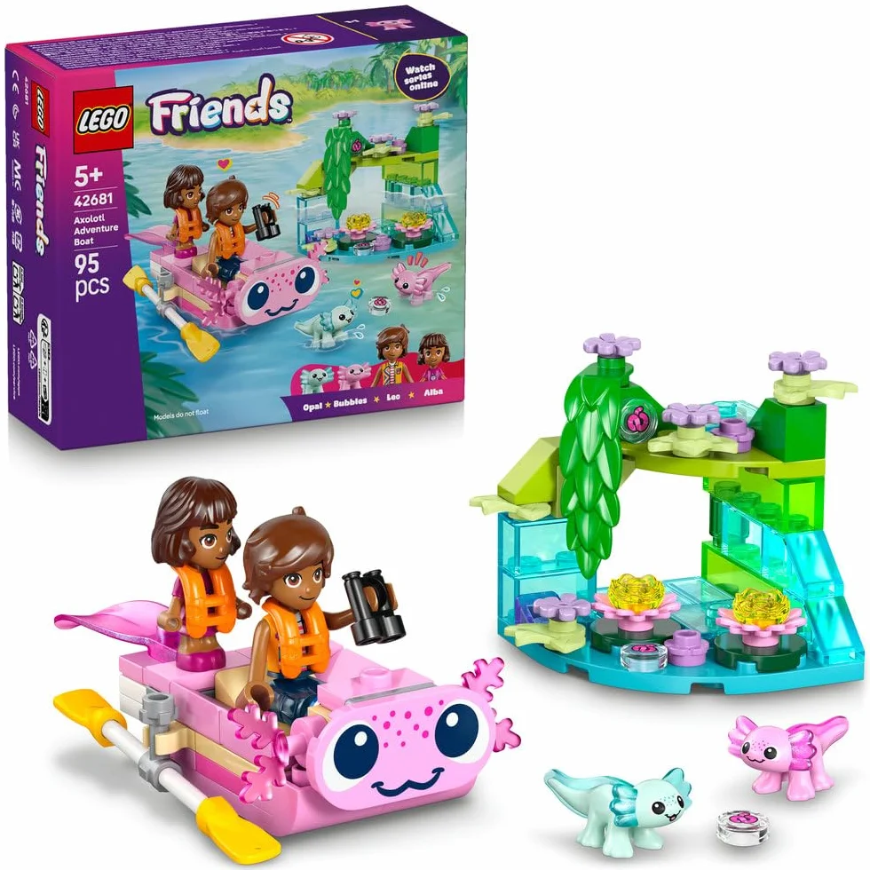 LEGO Friends Przygoda na aksolotlowej łodzi, klocki dla 5-latki z łódką, minilaleczką i mikrolaleczką, zabawka dla dziecka do odgrywania ról, pomysł na prezent dla dziewczynki od 5 lat i chłopca 42681