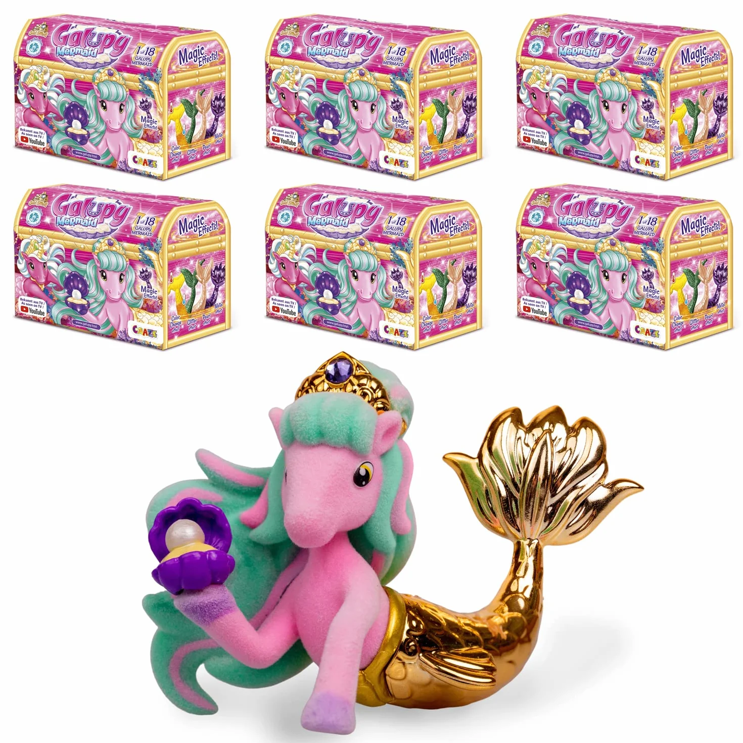 Galupy MERMAID 6-pak – figurki jednorożca syrenka do kolekcjonowania, 6x jednorożec z płetwą i kryształ Swarovski, 18 różnych figurek do zebrania