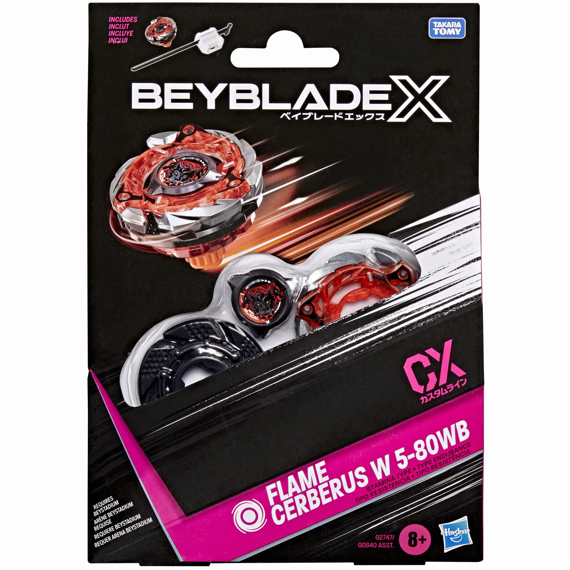 Pakiet startowy Beyblade X Flame Cerberus W 5-80WB CX, bączek i wyrzutnia