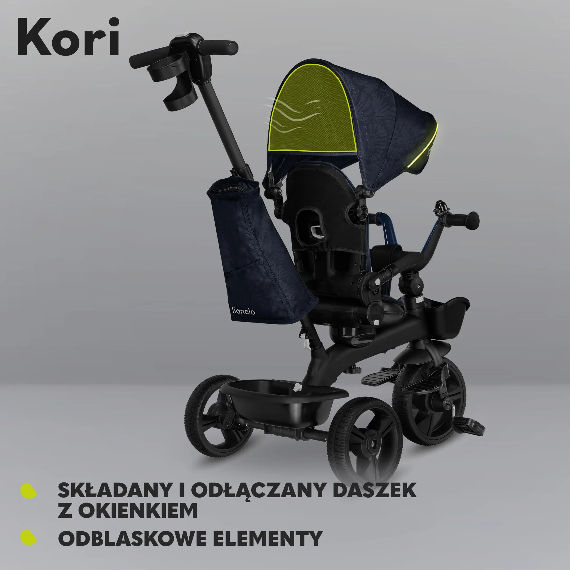 Kori trzykołowy rower z drążkiem do pchania, dla dzieci w wieku od 1,5 do 5 lat, rama magnezowa, niewymagające konserwacji, gumowe kółka, zdejmowany daszek