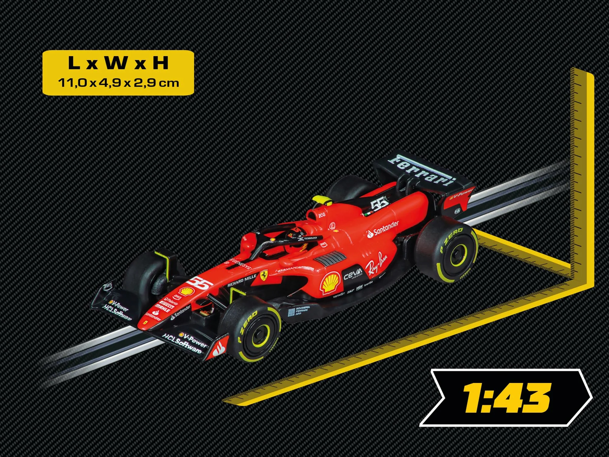 Carrera 20064239 Carrera GO!!! Ferrari SF-23 „C. Sainz, No. 55” pojazd w skali 1:43 wyścigówka kompatybilna z systemami Carrera GO!!!, GO!!! Plus & GO!!! z zasilaniem bateryjnym