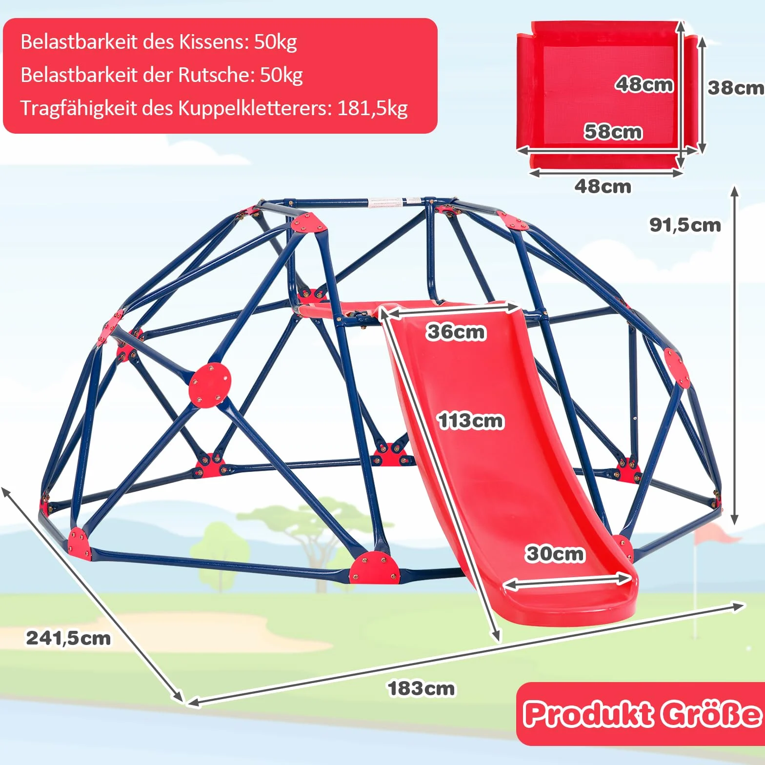 COSTWAY Kopuła wspinaczkowa ze zjeżdżalnią i drabinką do wspinaczki – platforma materiałowa, nośność 180 kg, do użytku na zewnątrz i wewnątrz dla 3-10 lat, idealna do hali gimnastycznej, podwórka lub
