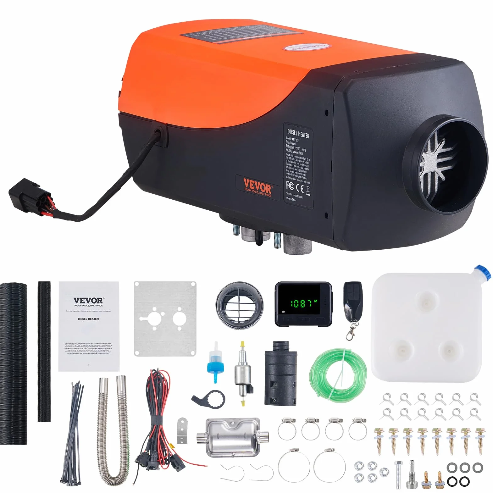 VEVOR Diesel Heater 12 V 8 kW Zużycie 0,16-0,62 L/h Diesel Air Heater 8-36 ℃ Regulacja 20-25 m² Inteligentne sterowanie LCD i pilot zdalnego sterowania Zbiornik 10 L do wnętrza ciężarówki łodzi RV