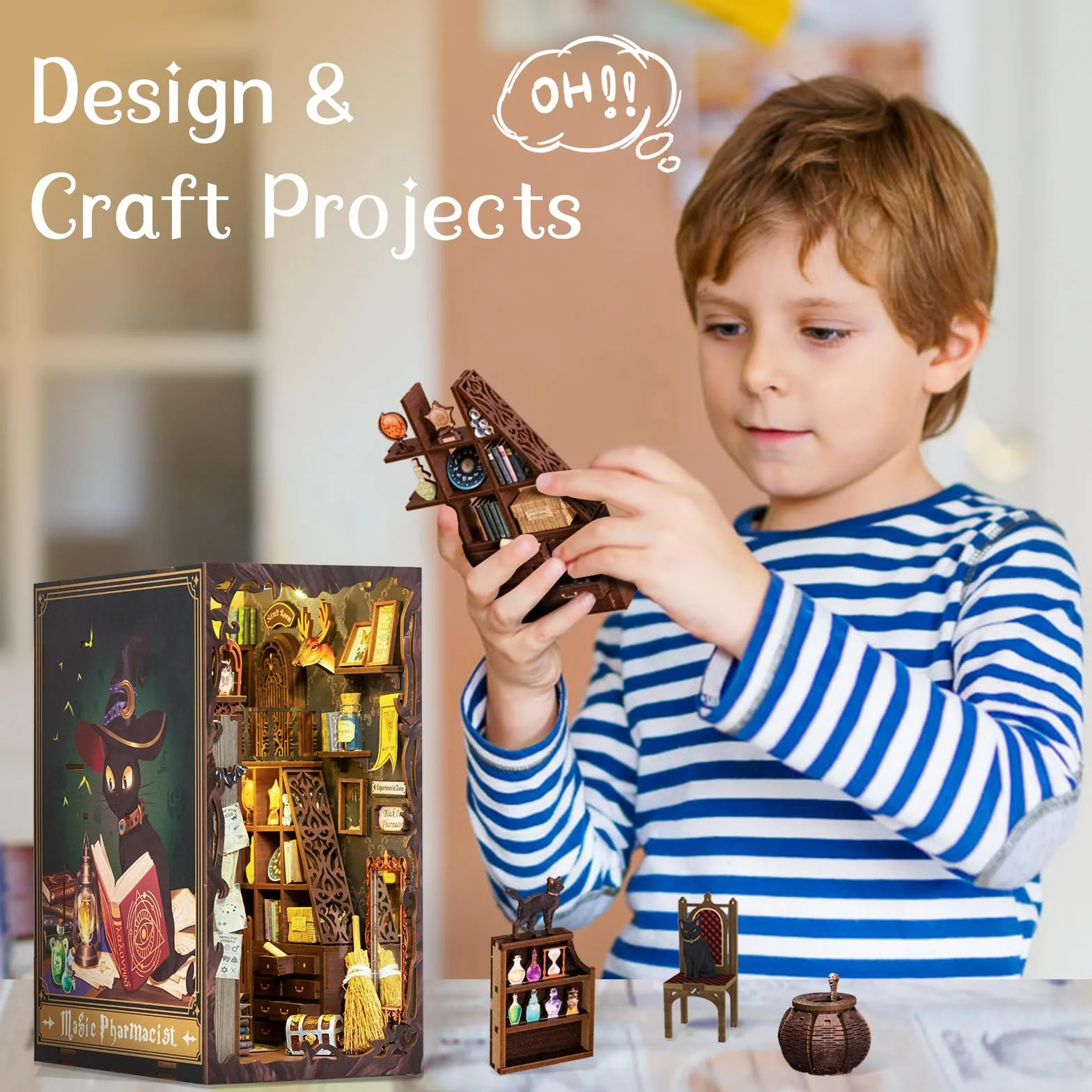 Fsolis Book Nook DIY, miniaturowy domek dla lalek, zestaw z drewnianymi meblami i oświetleniem LED, narożnik na książki, zestaw do budowy dla dorosłych, kreatywny prezenti(Magic Pharmacist)