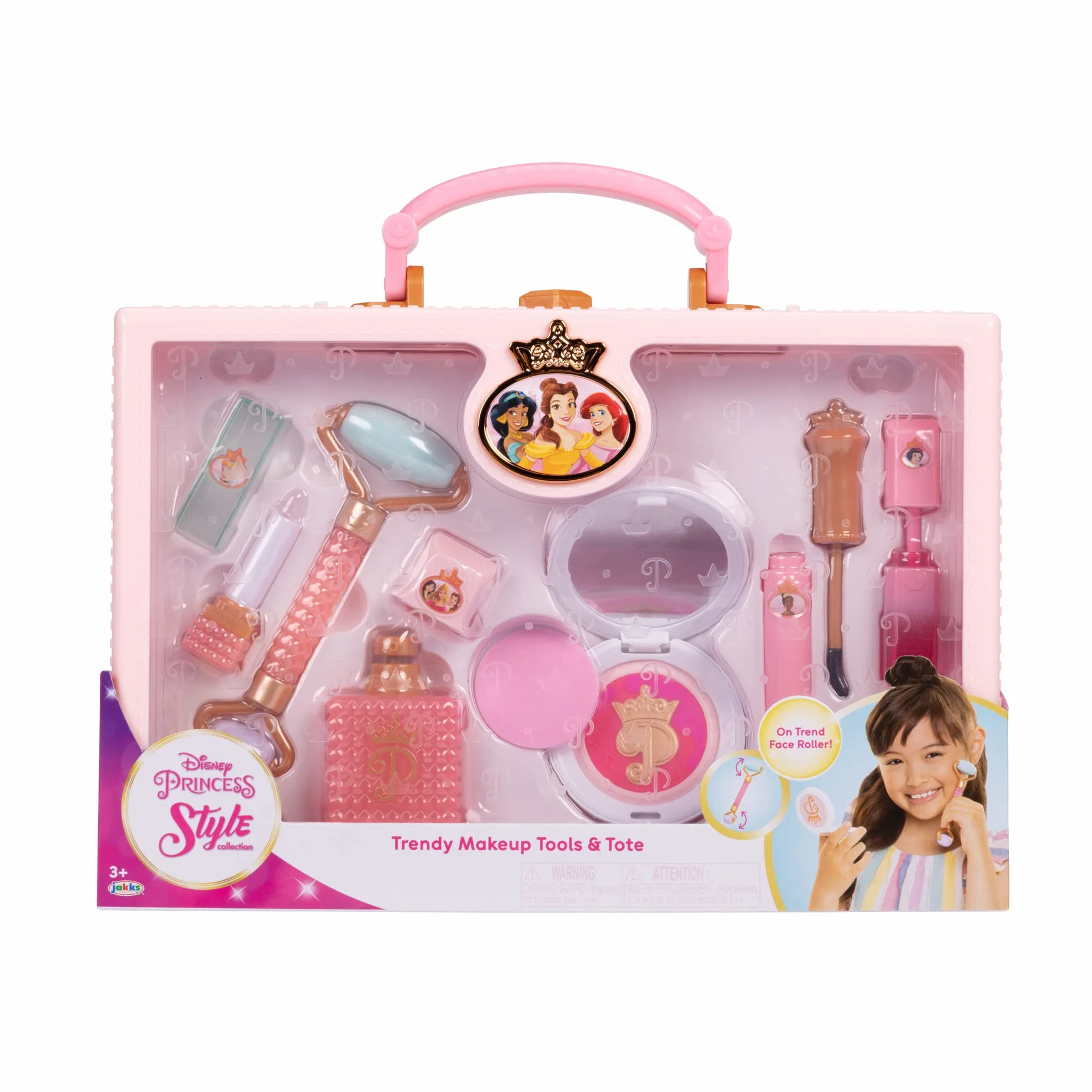 Disney Princess Style Collection Girls Trendy Makeup Tote Bag, Modne narzędzia do udawania zabawy w makijaż, w tym wałek do twarzy, w zestawie 8 różnych narzędzi do zabawy