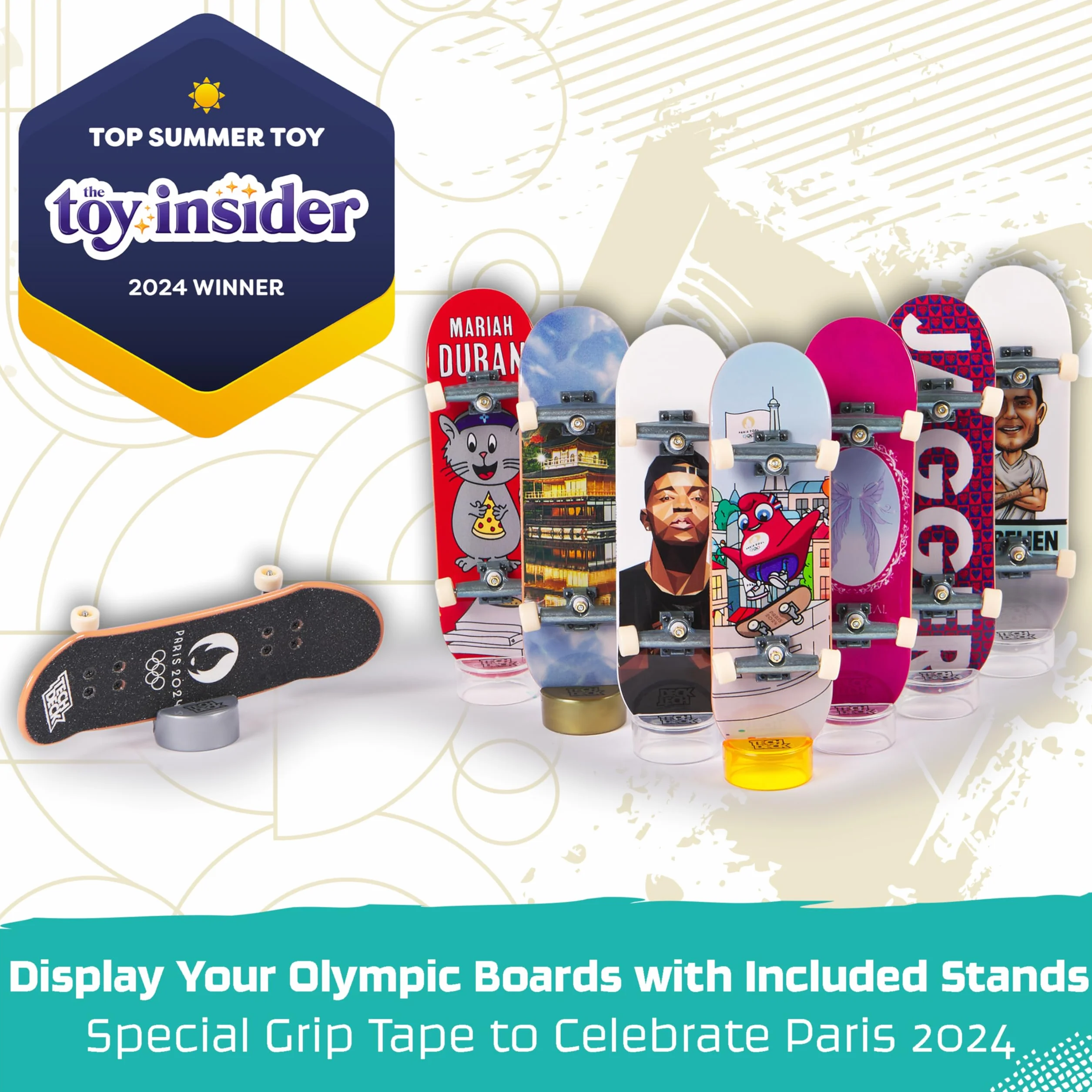Tech Deck Competition Legends zestaw 8 sztuk, 8 autentycznych naparstków olimpijskich sportowców w Paryżu 2024, 8 indywidualnych uchwytów na deskorolkę, 8 kart dla sportowców, od 6 lat