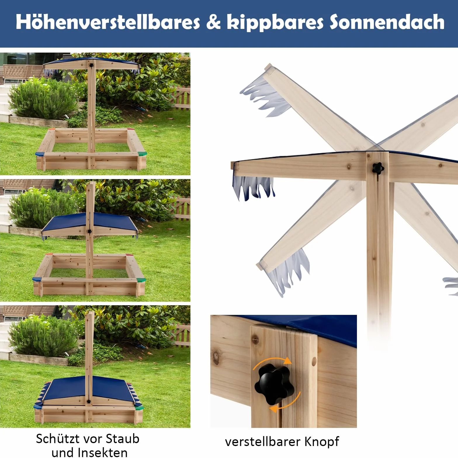COSTWAY Piaskownica z drewna cedrowego, piaskownica z ruchomym dachem o regulowanej wysokości, duża piaskownica 120 x 120 cm, bezdna, wysokość siedziska 19 cm