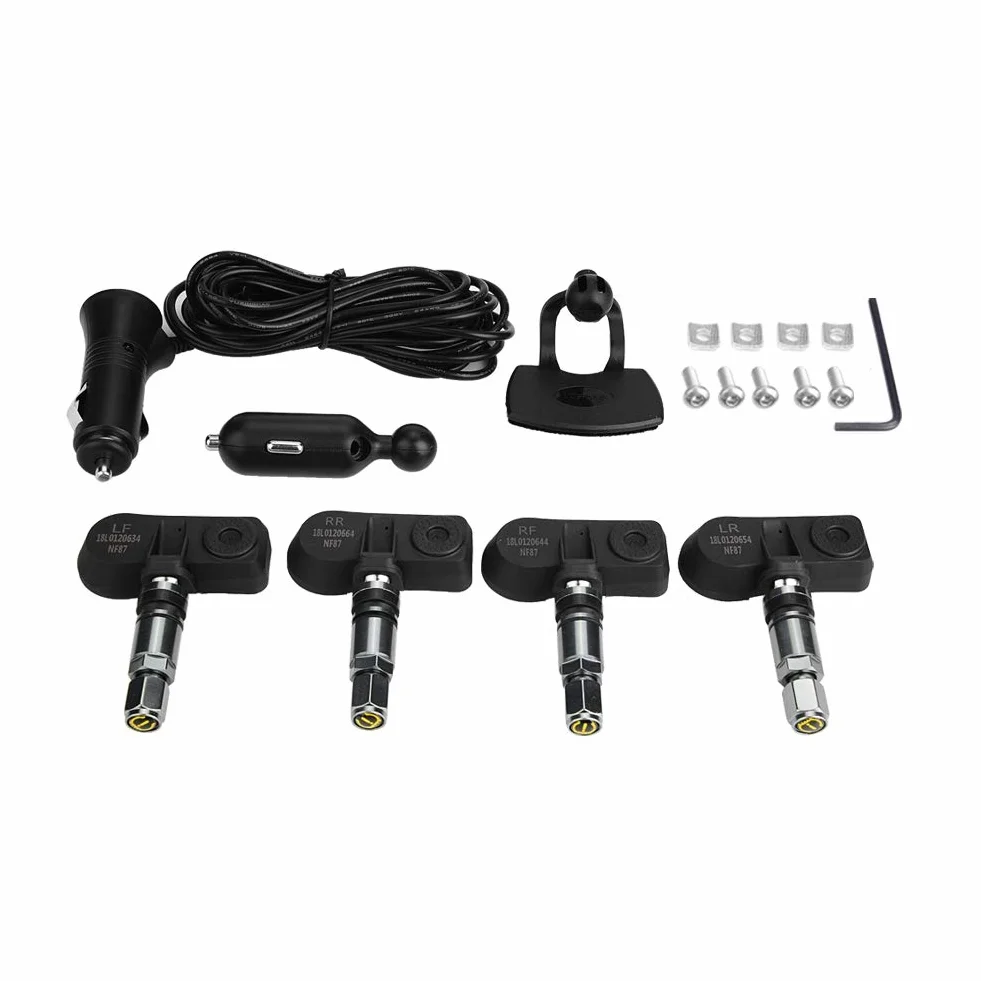 System monitorowania ciśnienia w oponach, samochodowy czujnik ciśnienia w oponach TPMS z monitorem LCD, 4 czujniki wewnętrzne, ładowarka USB do zapalniczki
