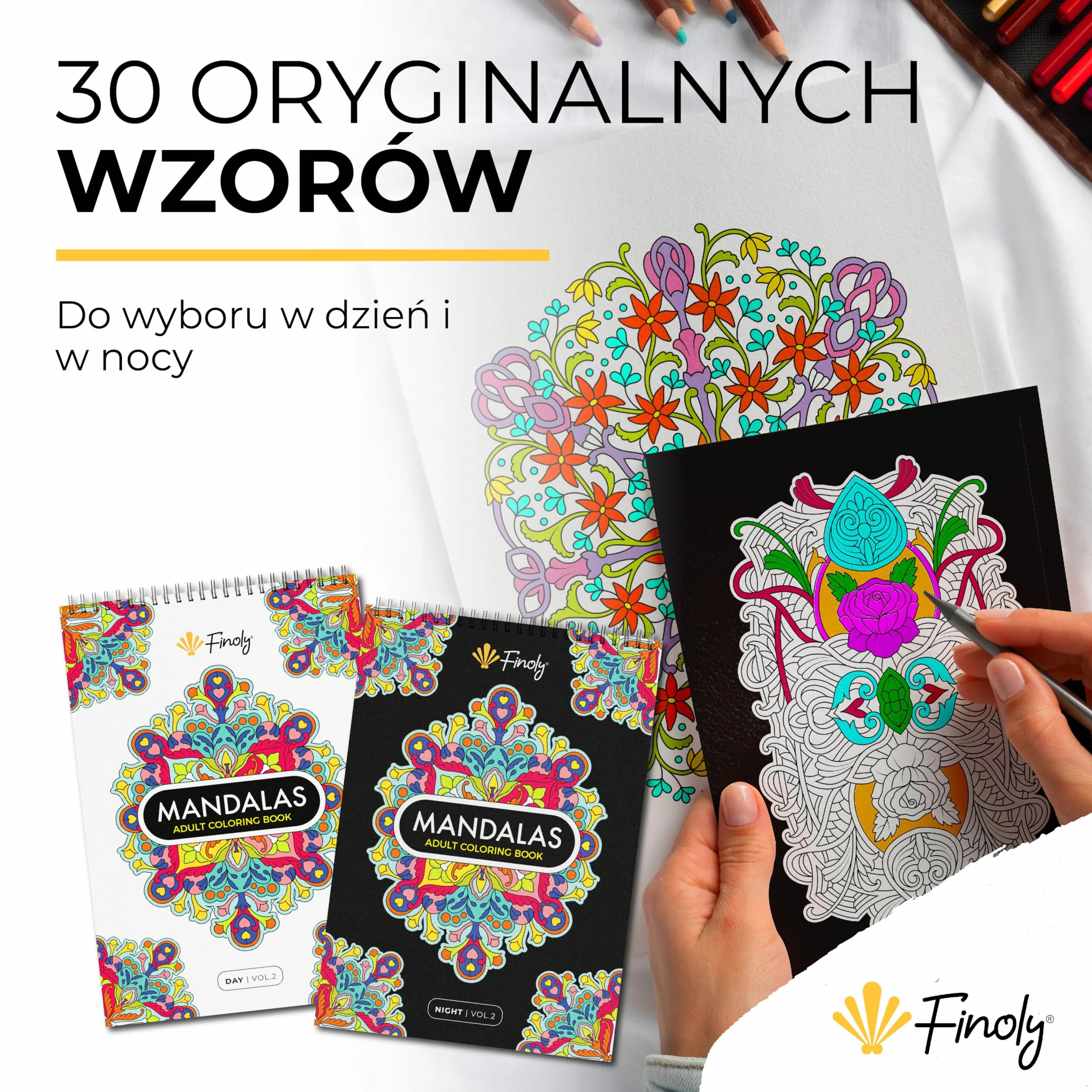 Finoly Mandala kolorowanka dla dorosłych, mandala kolorowanka dla dorosłych, 30 oryginalnych ilustracji, format A4, papier premium, oprawa spiralna, VOL 2 (noc)