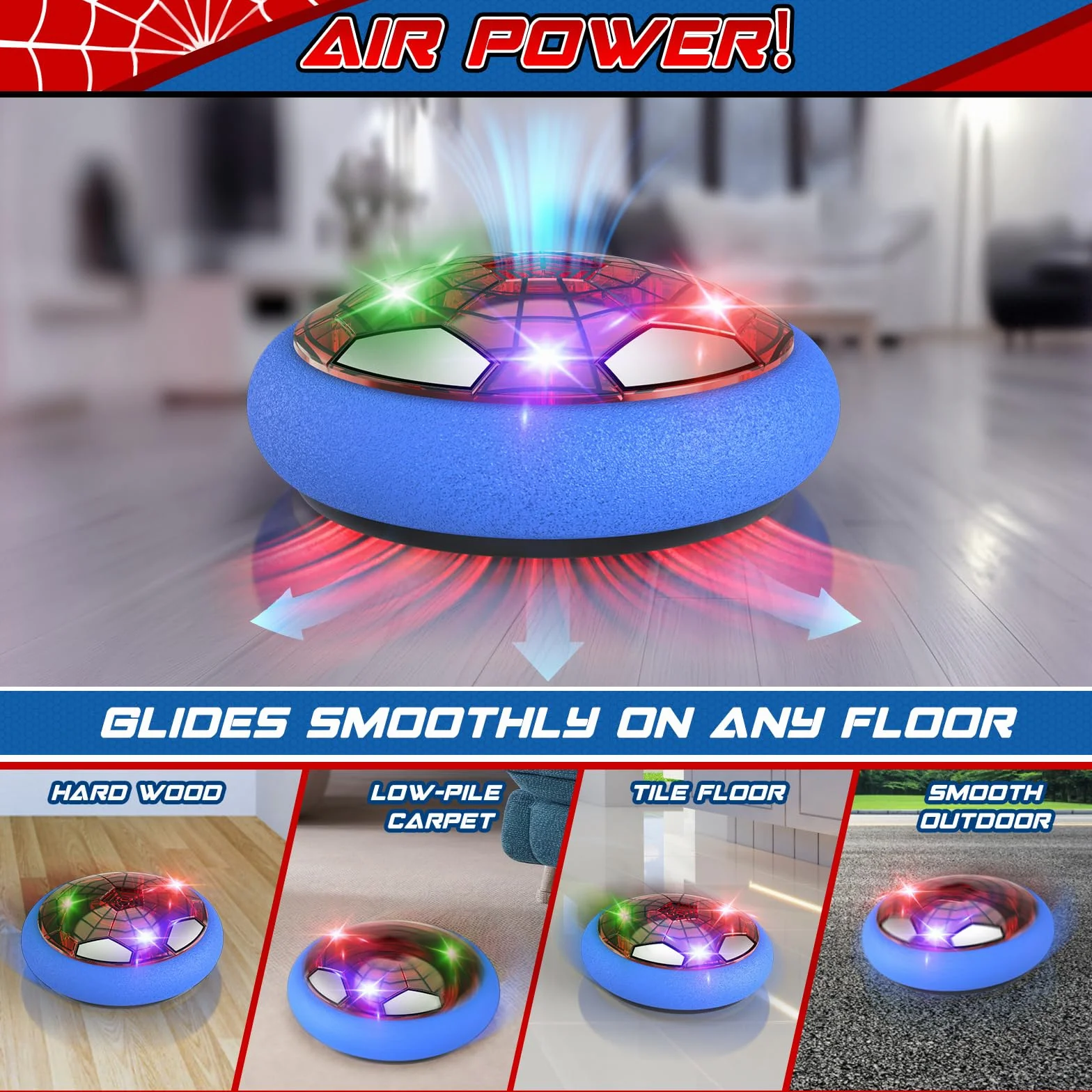 Spider Hover Ball Prezenty dla chłopców Halowa piłka nożna z oświetleniem LED Pływająca poduszka powietrzna Piłki do gry w hokeja na lodzie Zabawki dla dzieci od 3 4 5 6 7 8 9 lat Chłopiec Dziewczynka