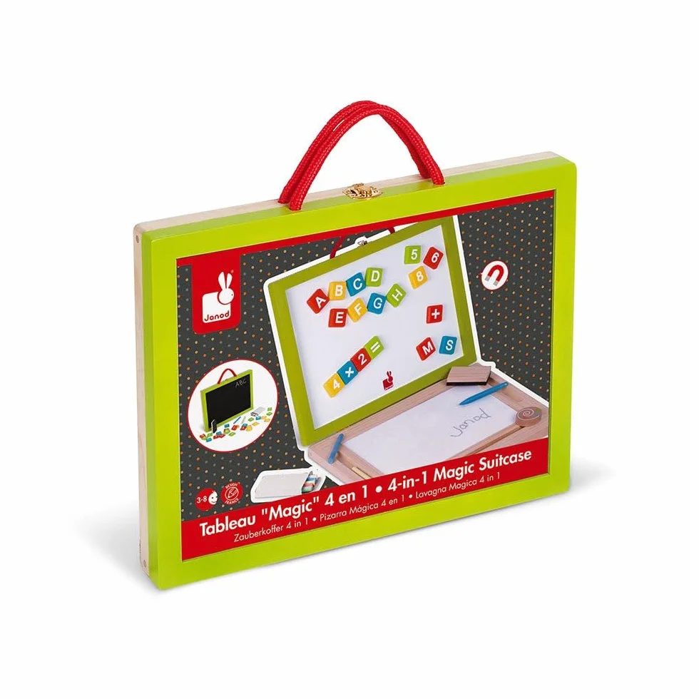Janod - Children's Wooden 4-In-1 Board - Multi-Activity Magic Slate - Accessories and 42 Magnets Included - Learning to Read and Write - from 3 Years Old, J05014