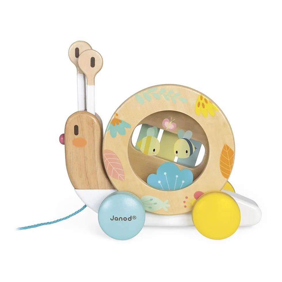 Janod - Wooden Pure Pull-Along Snail - Wooden Toy with Xylophone and Tambourine - Water Based Paint - Educational Musical Early Learning Toy - from 1 Year Old, J05159